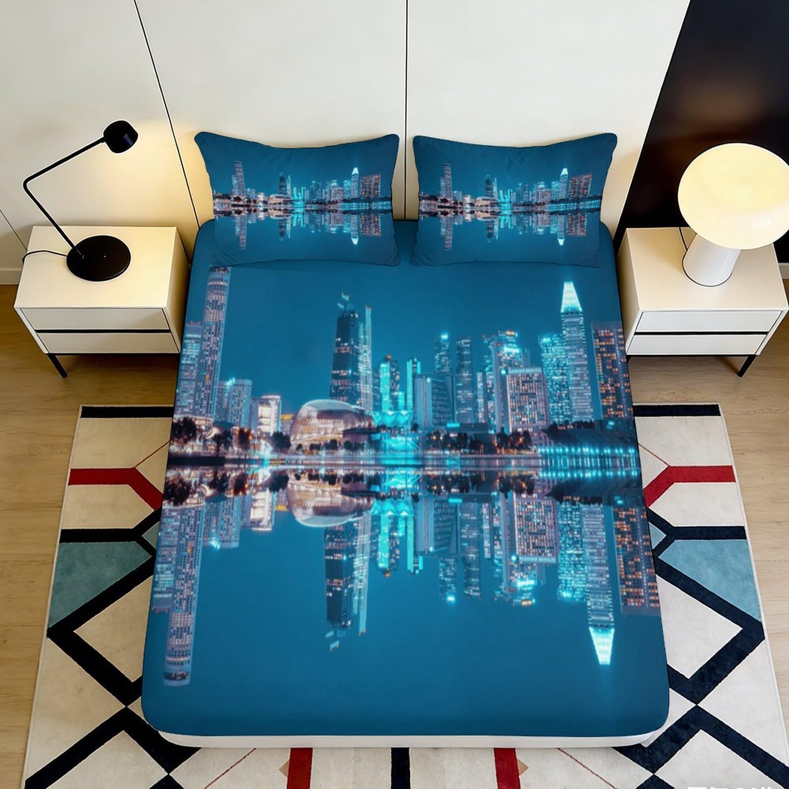 3D Printed City Nightscape Fitted Sheet Microfiber Urban Skyline Mattress Cover Anti-Slip Washable for Bedroom Guestroom Decor 90x200x25cm