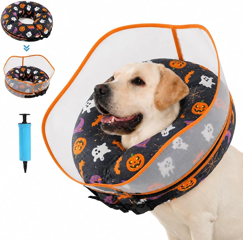 Colar de Recuperação para Cães Avont 2 em 1 com Donut Inflável e Escudo Transparente XL Halloween