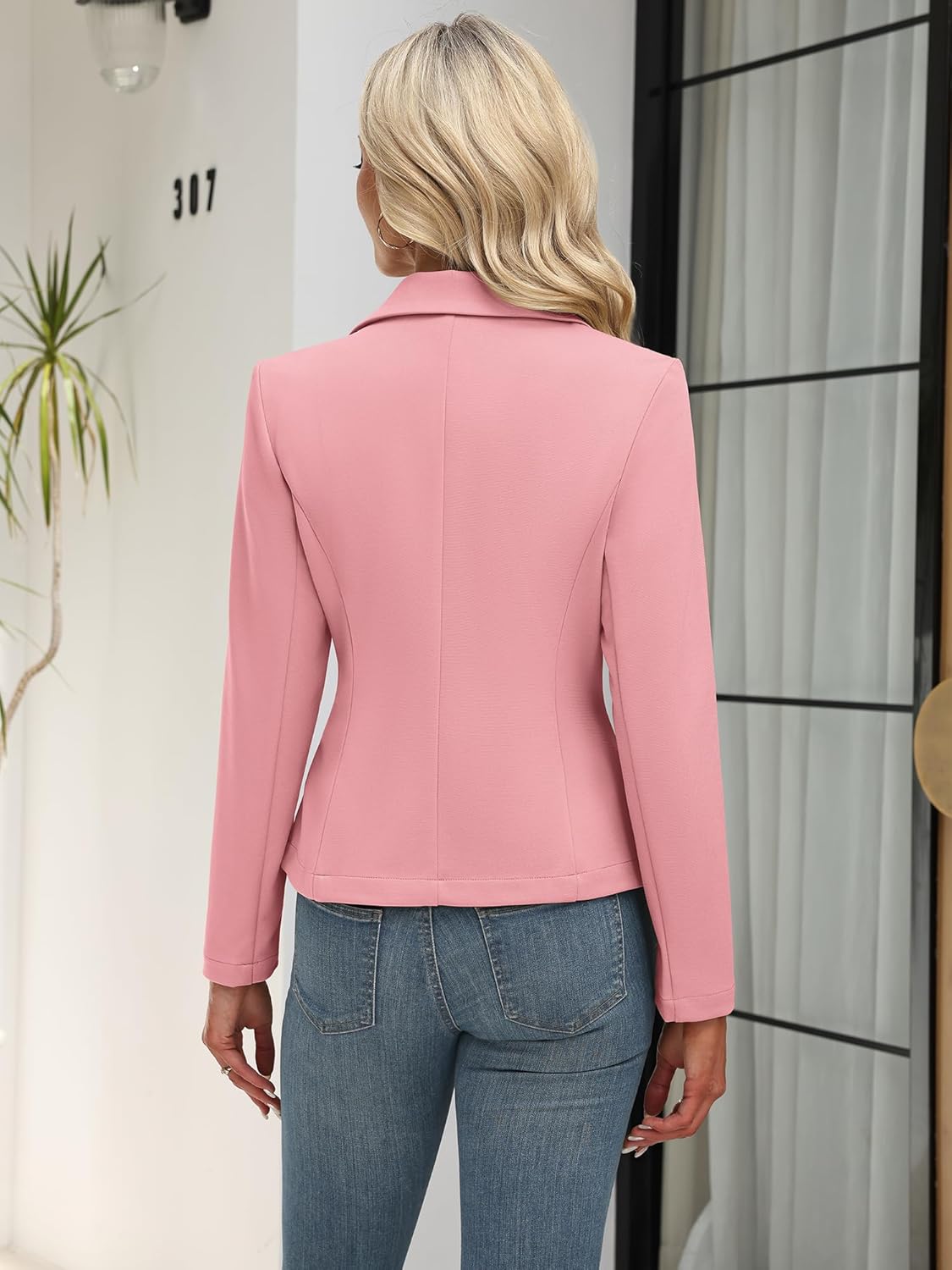 ELLEVEN Women’s Work Knit Blazer, Stretch Slim Fit Half-Lined Lightweight Suit Notched Lapel Jacket - Image 4