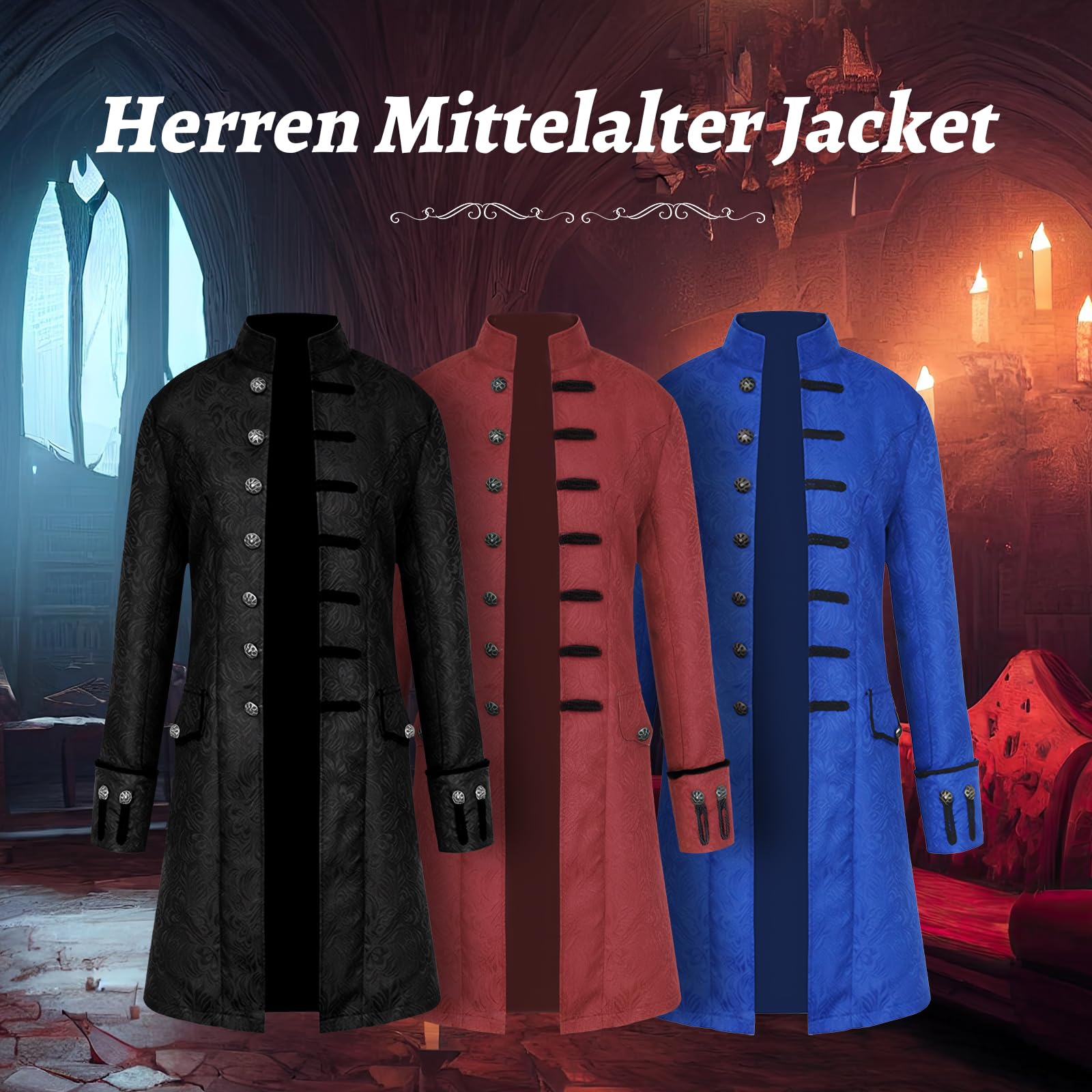 Medieval Clothing Men,Steampunk Coat Men,Halloween Cosplay Costumes Men,Tailcoat Steampunk Gothic Medieval Uniform (Red, XXL) - Image 2