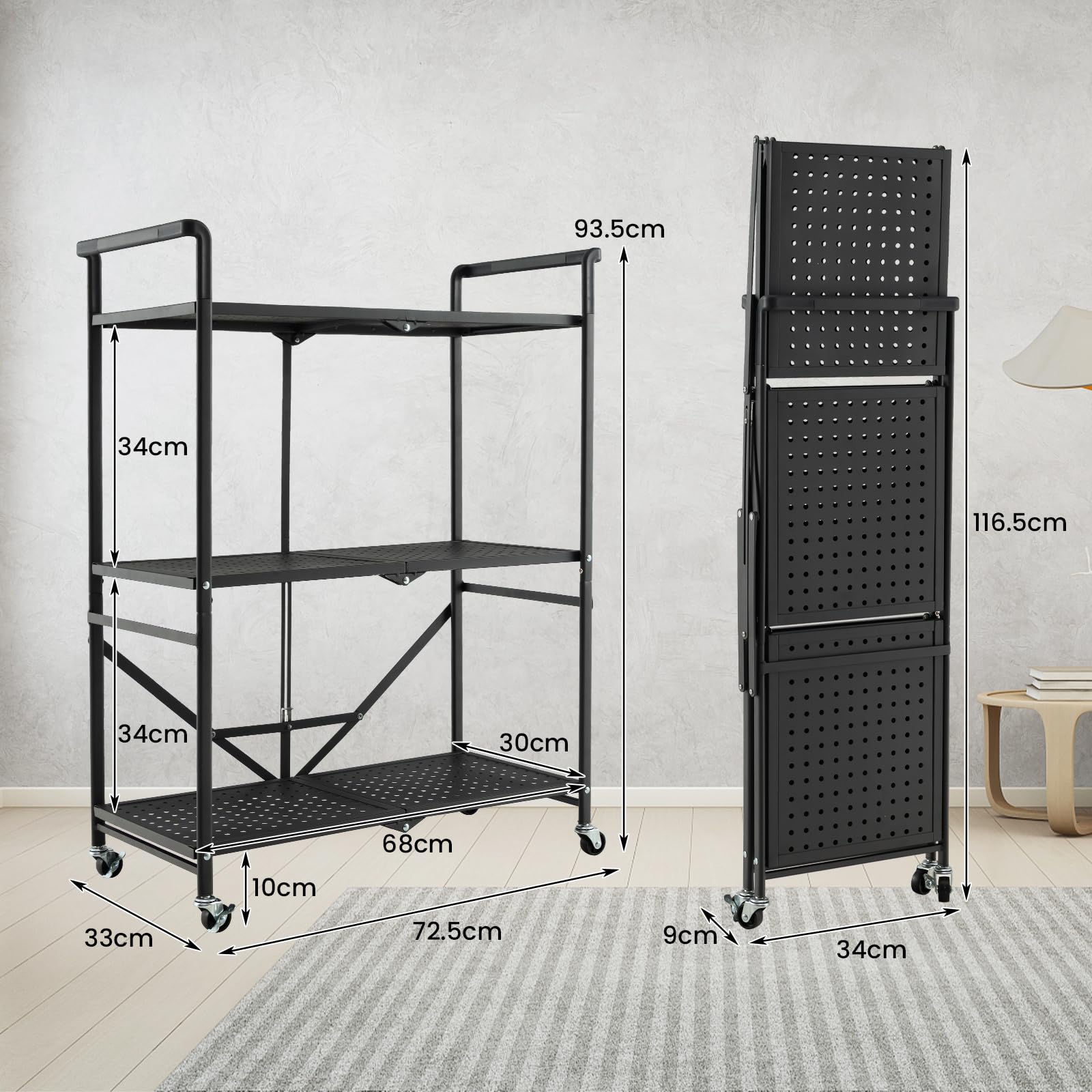 KOMFOTTEU Carrello Cucina Pieghevole a 3 Ripiani, in Mettallo, Scaffale Cucina con Ruote, Scaffale per Microonde, Forno, Tostapane, Carrello di Servizio Salvaspazio, 73 x 33 x 94 cm, Nero