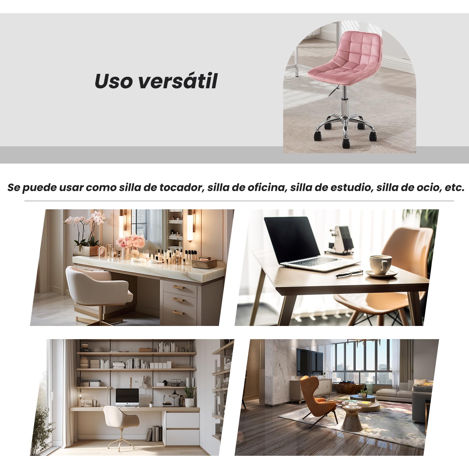 WOLTU Silla de Oficina, Taburete Tocador Giratorio, Silla Ergonómica Escritorio con Respaldo, Taburete Bajo con Asiento Ajustable de Altura, Asiento Tapizado en Terciopelo, Rosa