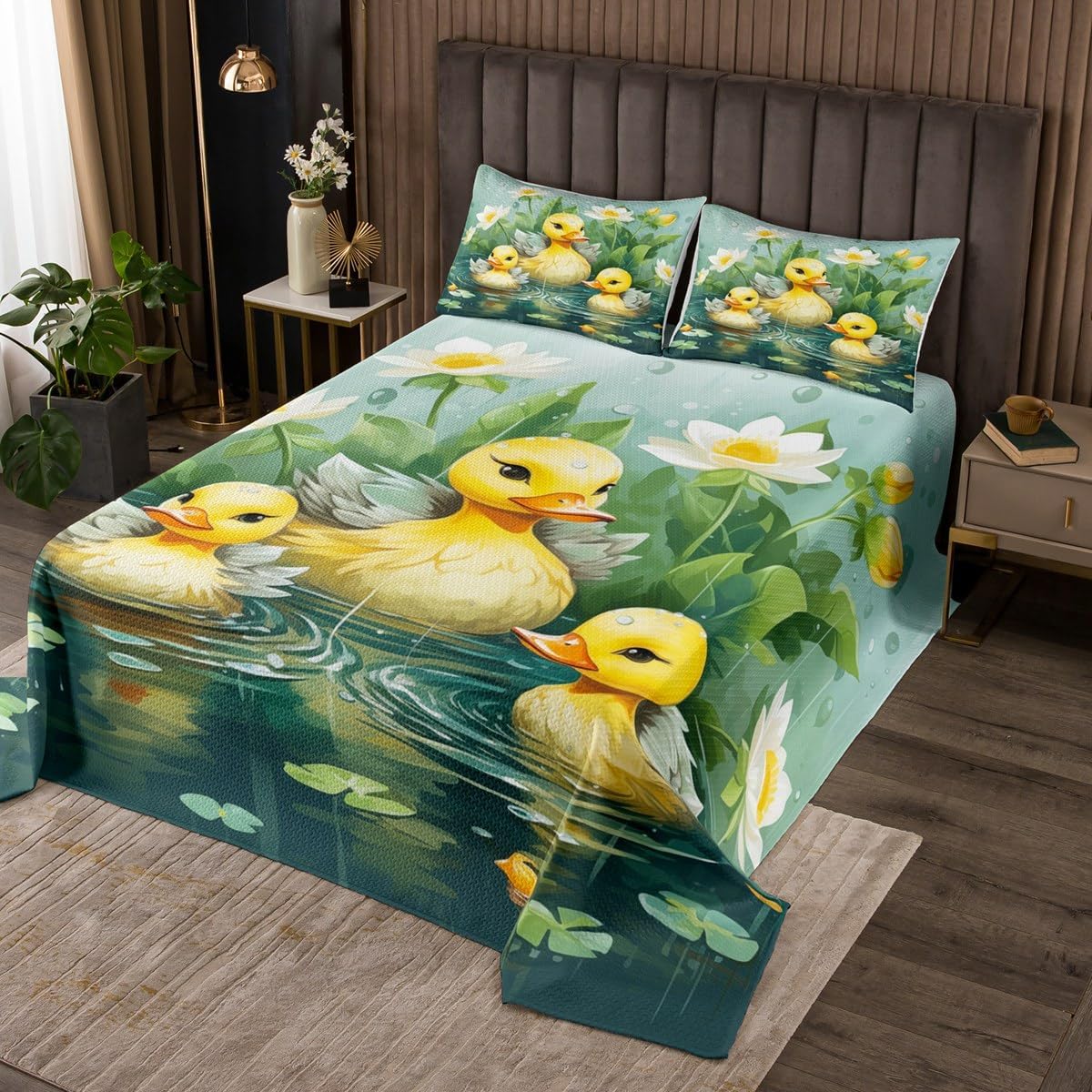 Erosebridal Cute Duck Bedding Set Yellow Duck Animal Coverlet Queen Size,Girly White Yellow Flower Floral Bedspread Set River House Bedroom Set Green Leaves Bed Spread Kids Boys Girls Room Decor