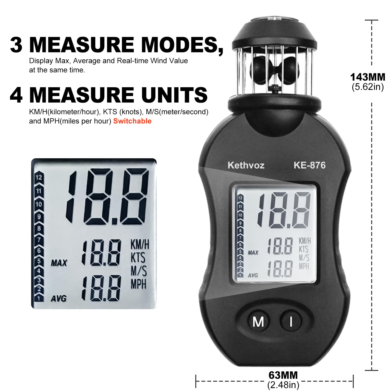 Kethvoz Anémomètre Numérique de Compteur de Vent, Jauge Anemometer de Vitesse de Vent de Coupe Portative Mesure le Débit d'air pour la Voile, le Drone les Activités de Plein Air 876