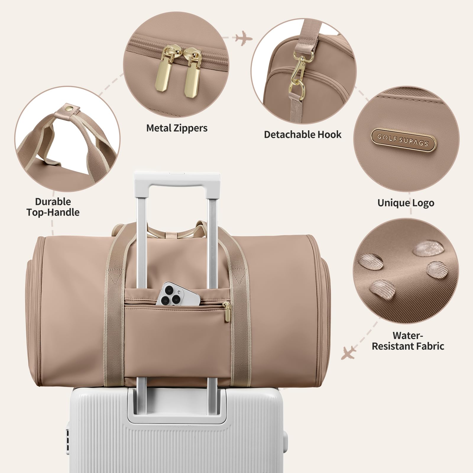 Bolsa de Viaje Convertible 2 en 1 Bolsa de Mano Bolsa de Ropa para Mujer Bolsas de Traje para Negocios, Viajes y Deporte (Champán)