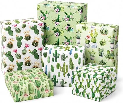 Cactus Wrapping Paper Set - 12 Sheets Watercolor Cactus Gift Wrapping Paper 6 Design Green Plant Art Tropical Potted Plant and Flowers Patterns Paper for Wedding Bridal Baby Shower Party 20 x 27