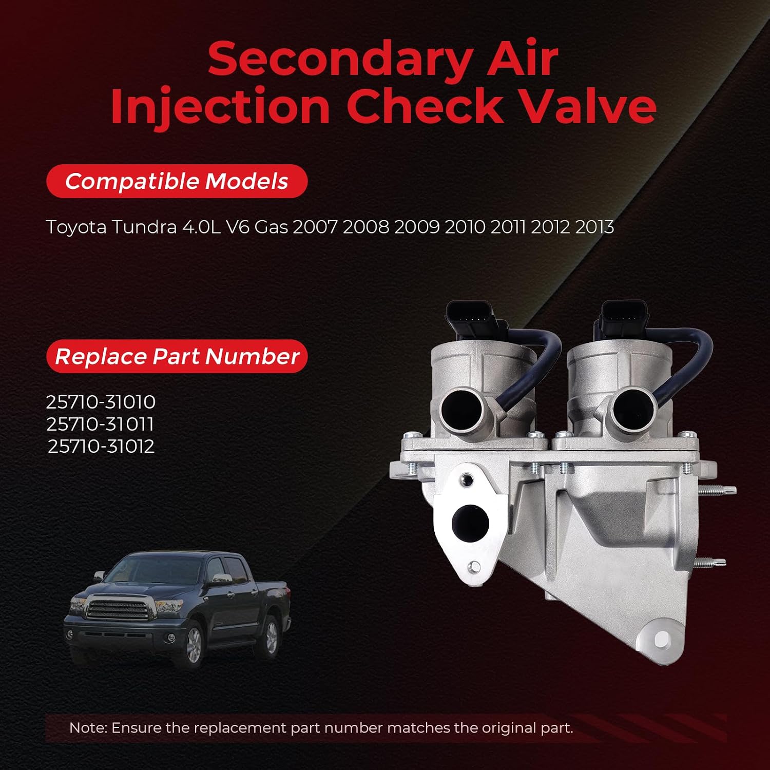 25710-31012 Secondary Air Injection Check Valve, Compatible with Toyota Tundra 4.0L V6 2007 2008 2009 2010 2011 2012 2013,Passenge Side Air Pump Check Valve OE 25710-31010 25710-31011 25710-31012