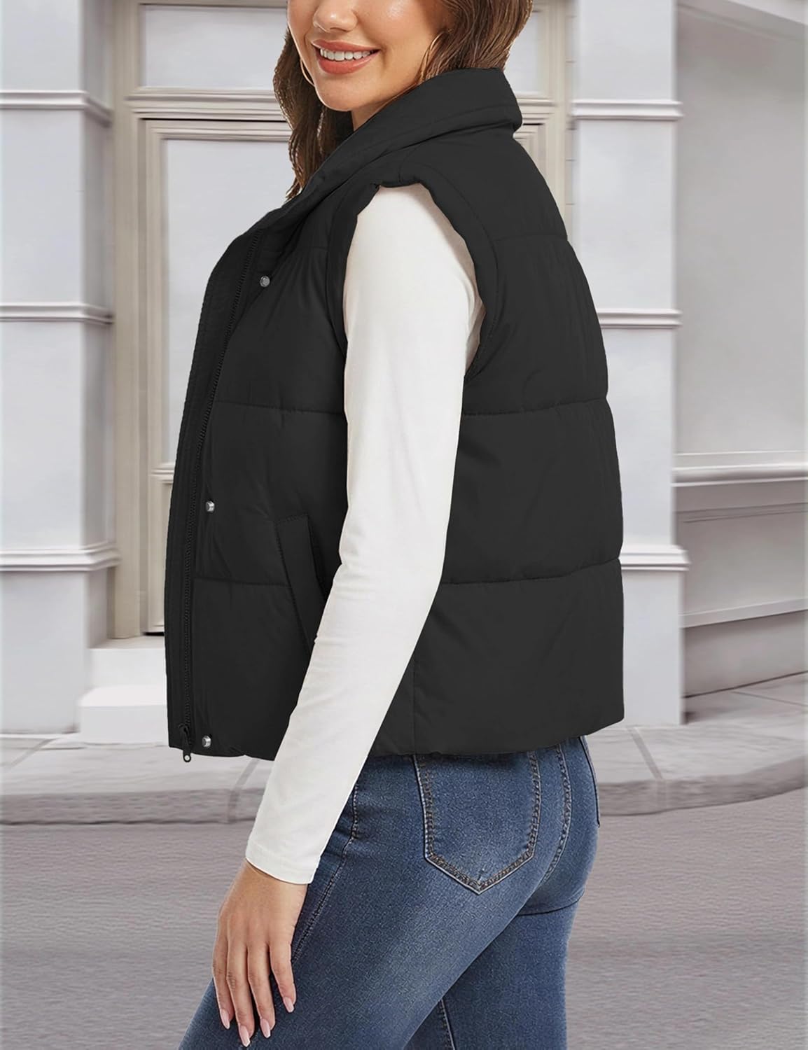 SMENG Womens Puffer Vest Sleeveless Cropped Stand Collar Button Zip Up Slanted Shoulder Warm Outerwear