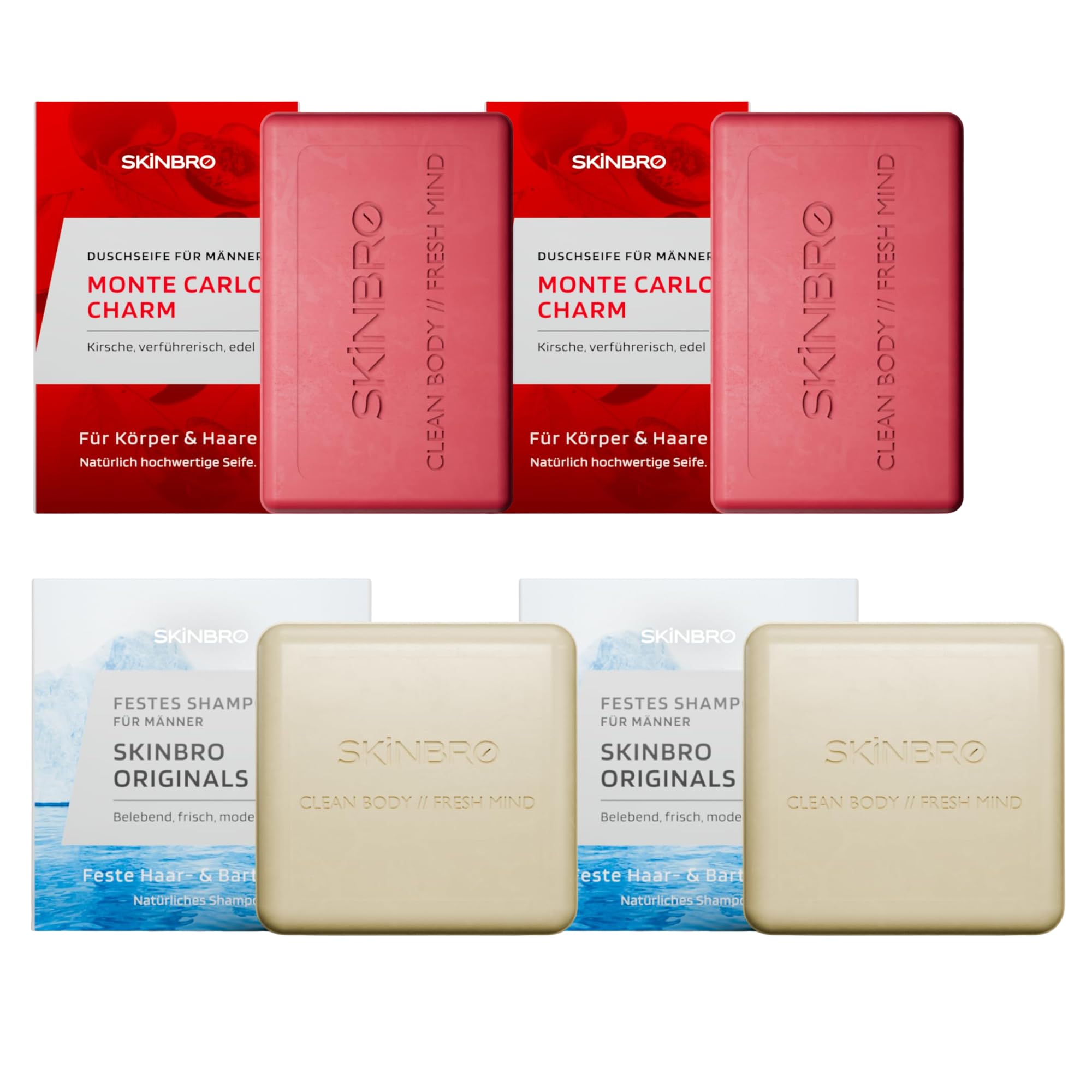 SKINBRO Set: 2x Festes Duschgel Monte Carlo Charm & 2x Festes Shampoo Männer – Edel & Frisch – Vegane 4-in-1 Pflege für Haar, Bart & Körper – Nachhaltig