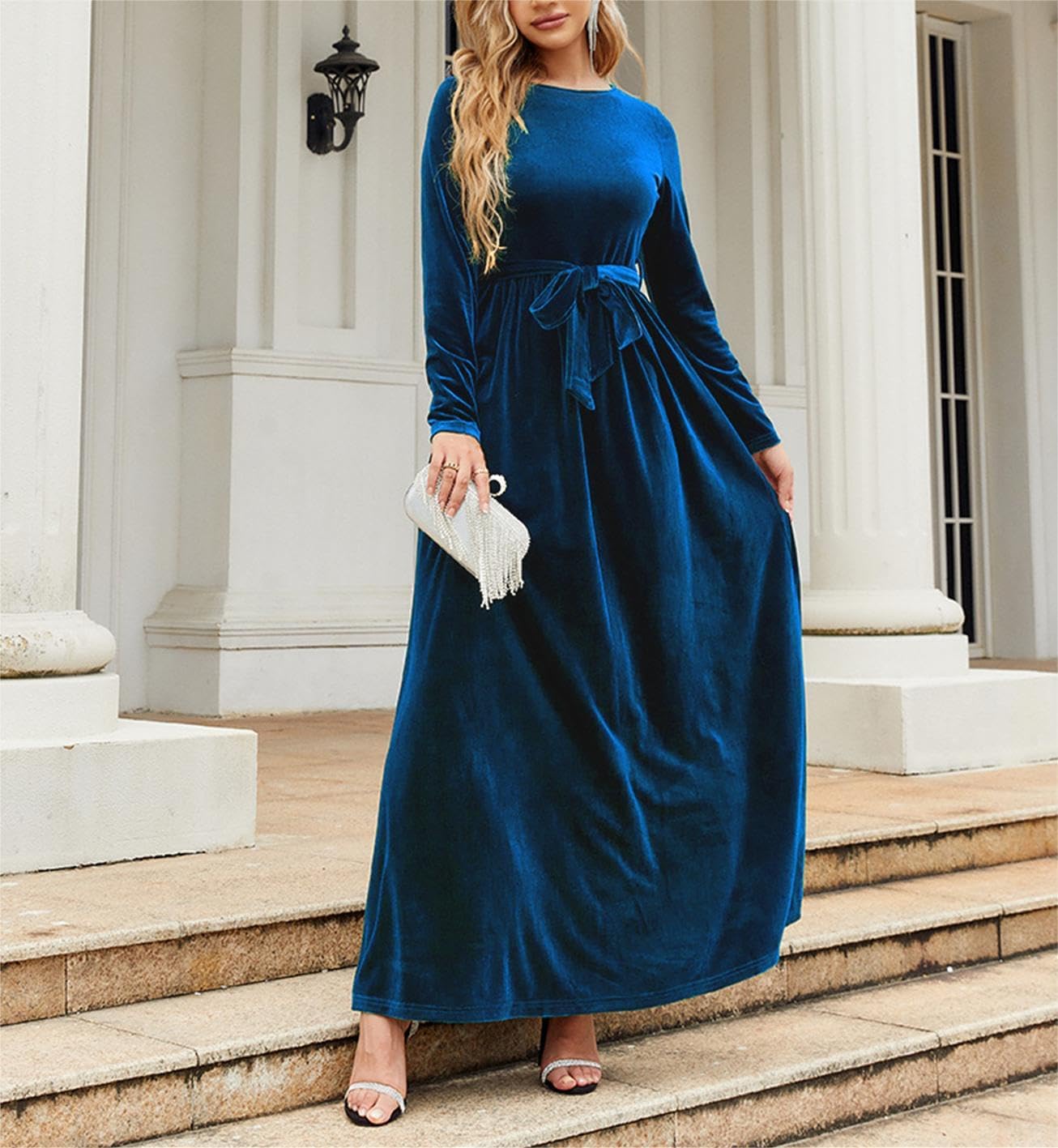 Smoneyful Velvet Maxi Dress for Women Long Sleeve Velvet Dress for Party Wedding Guest A-Line High Waist Belted Evening Gown