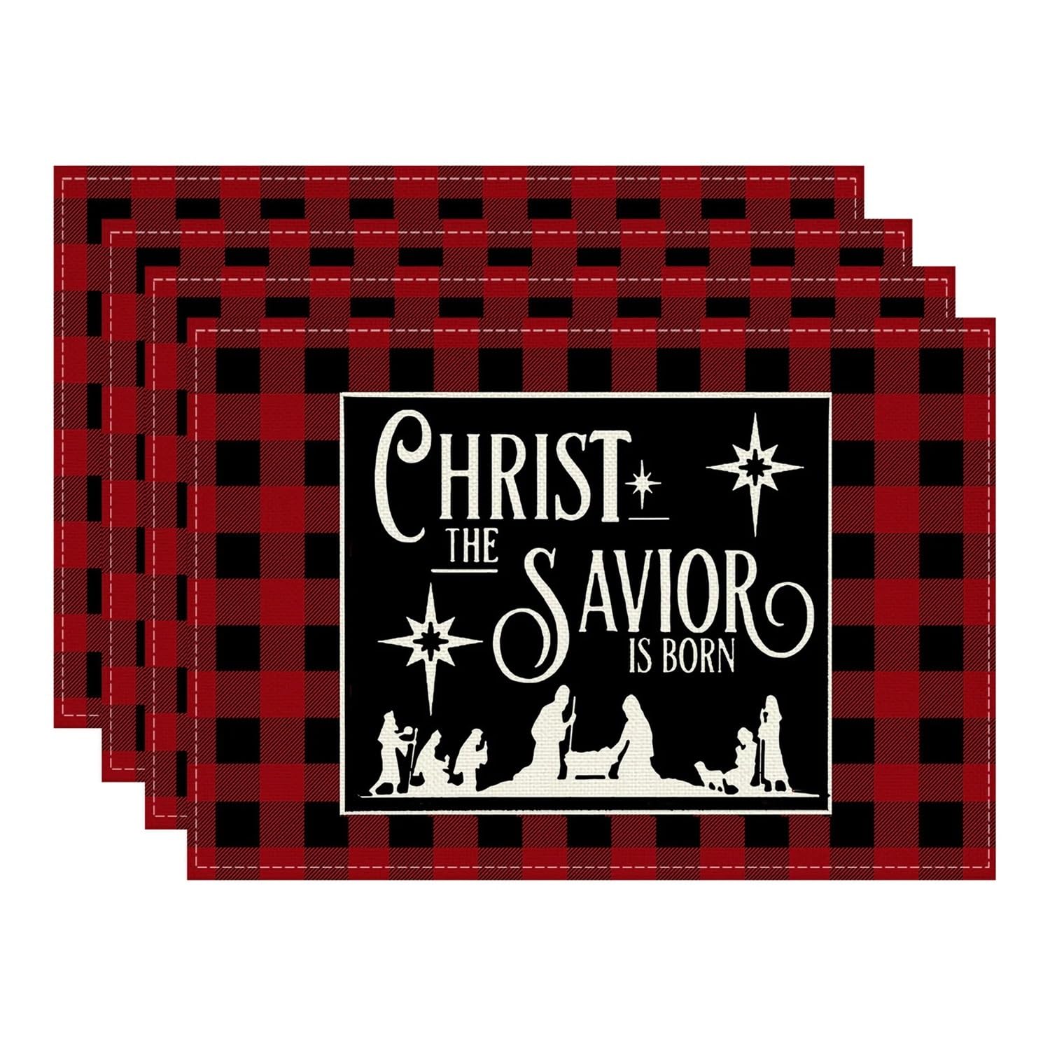 4pcs Christmas Placemats 12x18 Inch, Black Red Plaid Washable Table Mats For Holiday