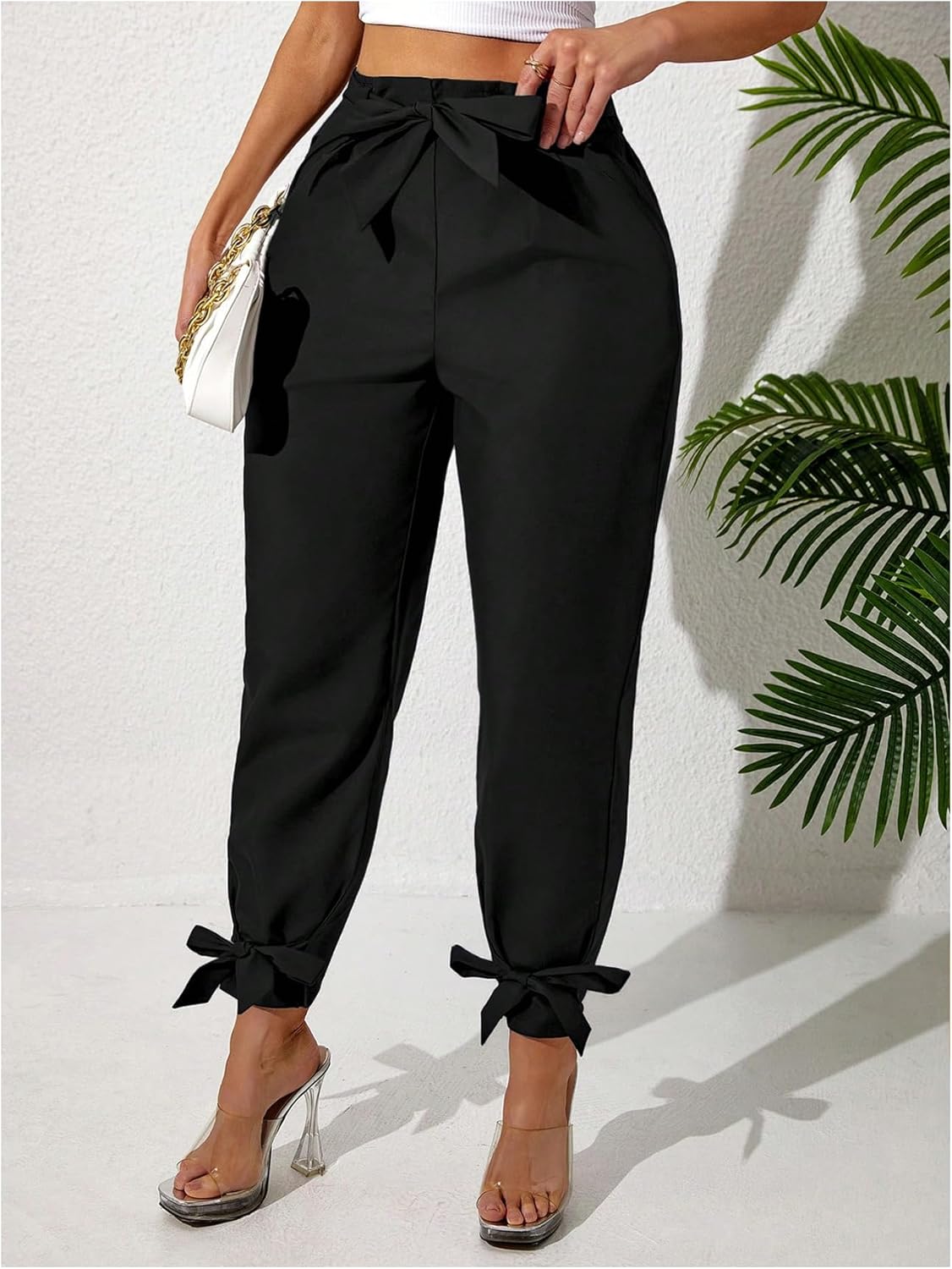 Floerns Women's Plus Size Bowknot Elastic High Waisted Pants Elegant Skinny Trousers