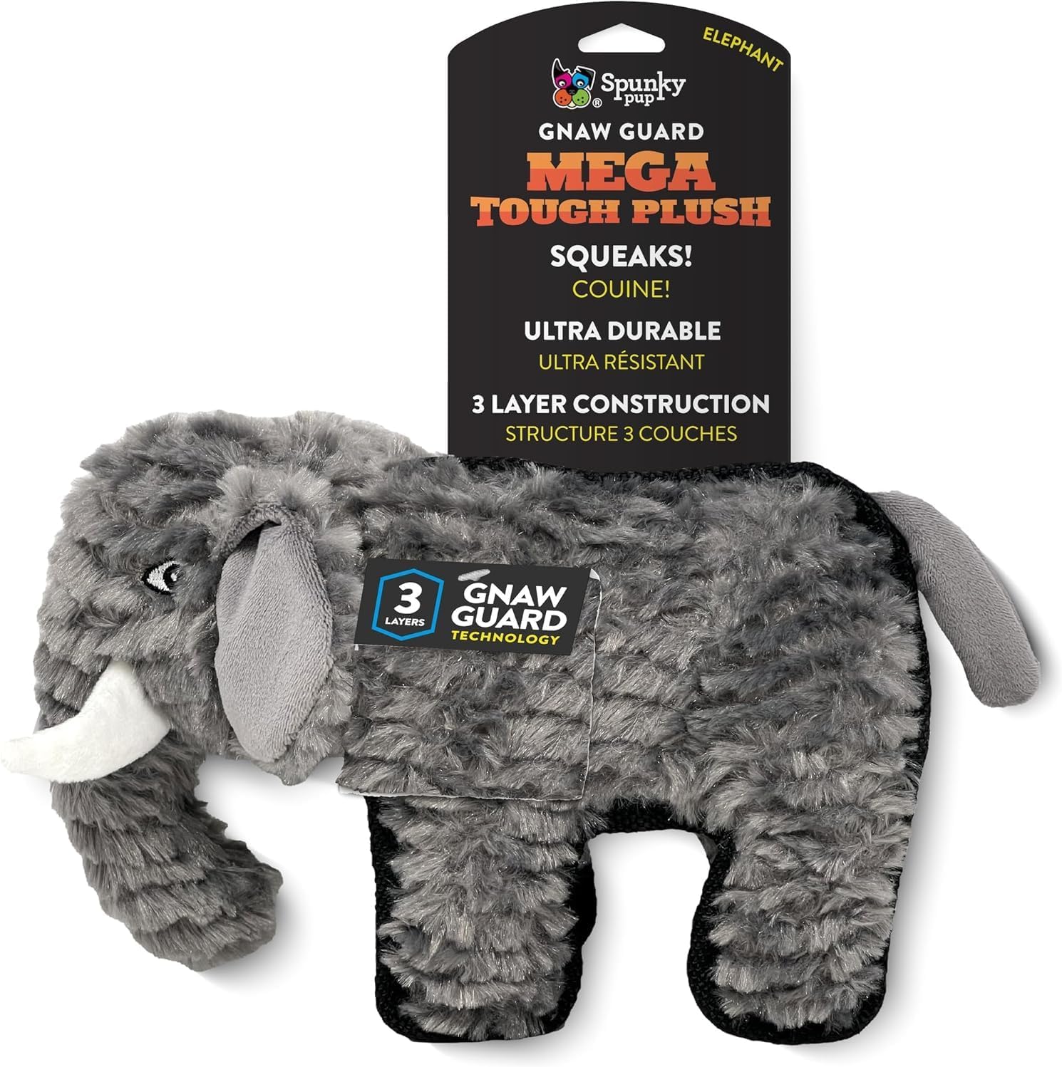 Spunky pup MEGA Tough Plush Toys for Aggressive Chewers - Durable, Triple-Layered Dog Chew Toys with Squeaker - Ideal for Large Dogs and Giant Breeds- Elephant