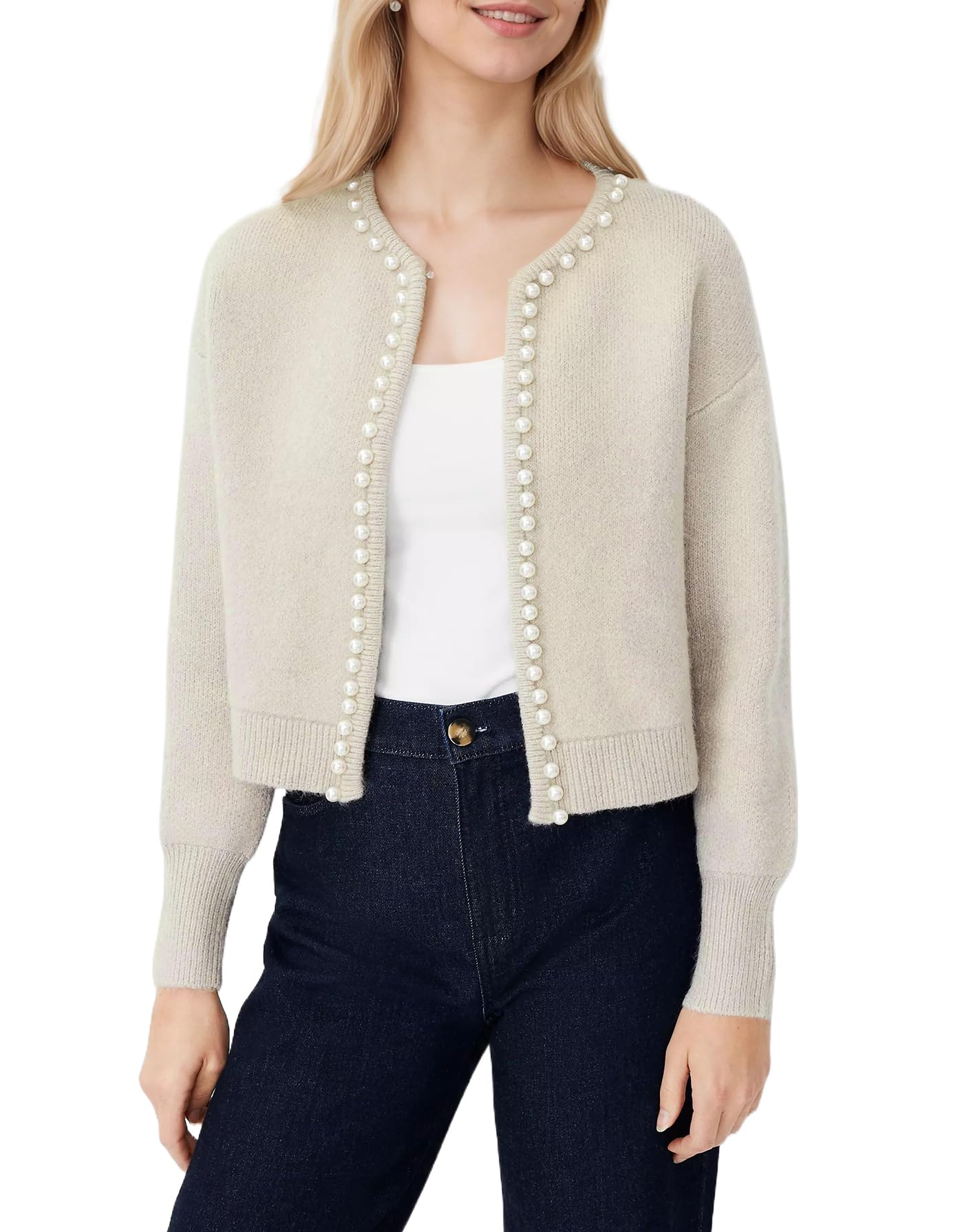 Kedera Womens Open Front Cardigan Sweater Long Sleeve Pearl Trim Cropped Sweater Embellished Knitted Top Trendy 2024