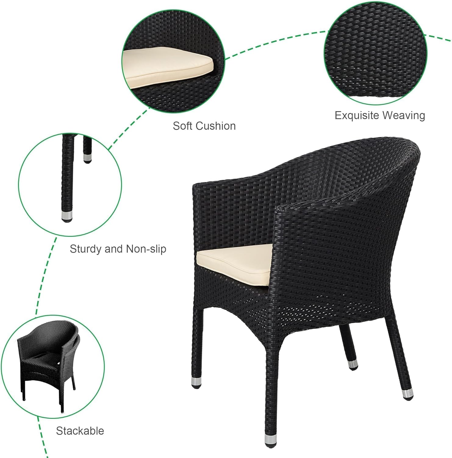 Outdoor Dining Rattan Chairs,Wicker Chair with Soft Cushion for All Weather,1 PC Indoor Rattan Weave Wicker Fallow Armchair,Patio Garden Furniture for Gard(Black) No Assembly Required
