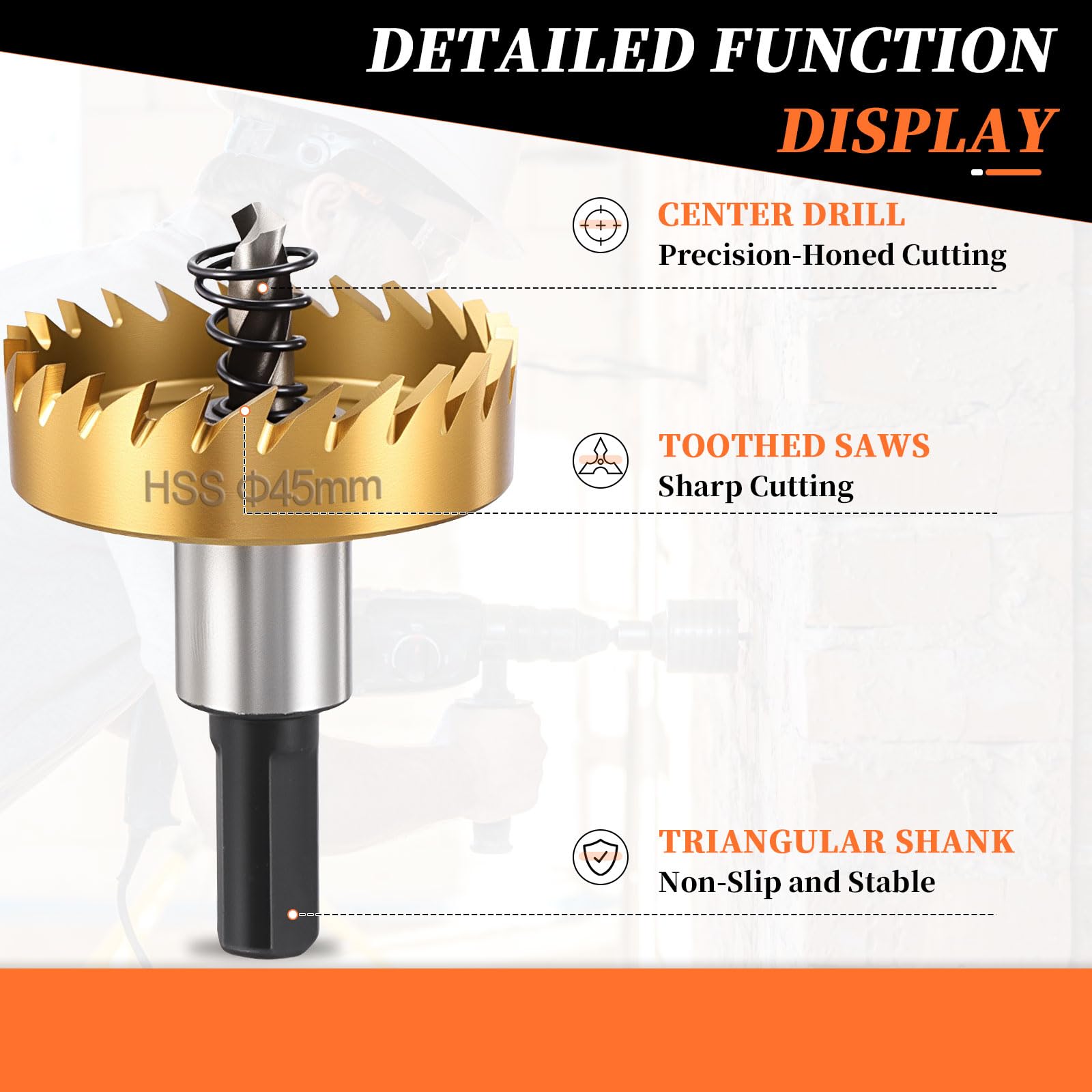 METALLIXITY Hole Saw 45mm (1-3/4"), 4341 High Speed Steel Hole Cutter with Center Drill Bit, Hex Key and Spring - Image 3