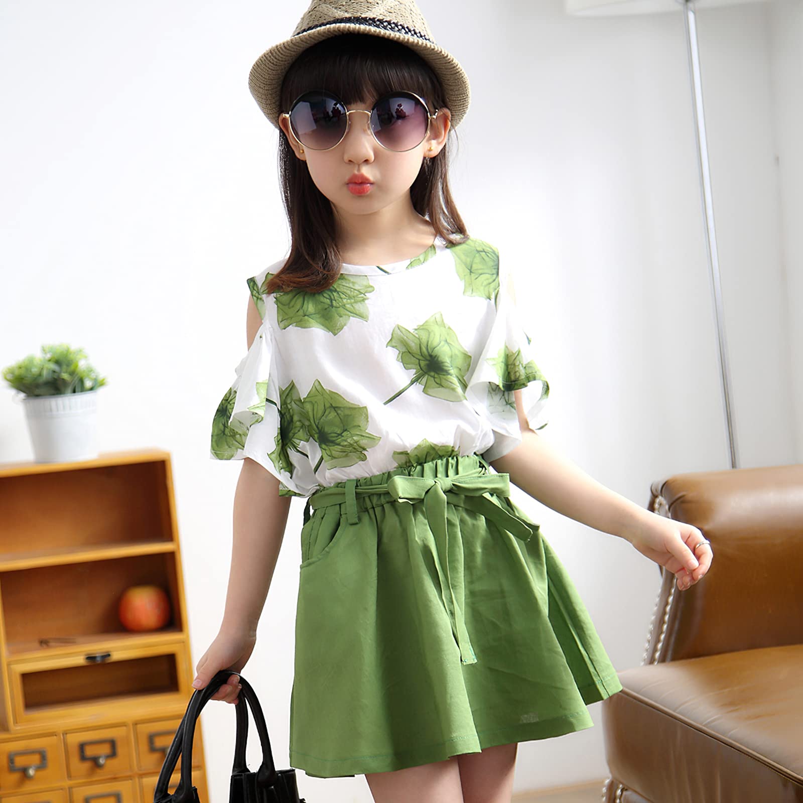 amropi Fille D'été Vêtements Set À Fleurs Tops Manches ébouriffer + Mini Jupes 2 Pièces Ensemble 3-12 Ans