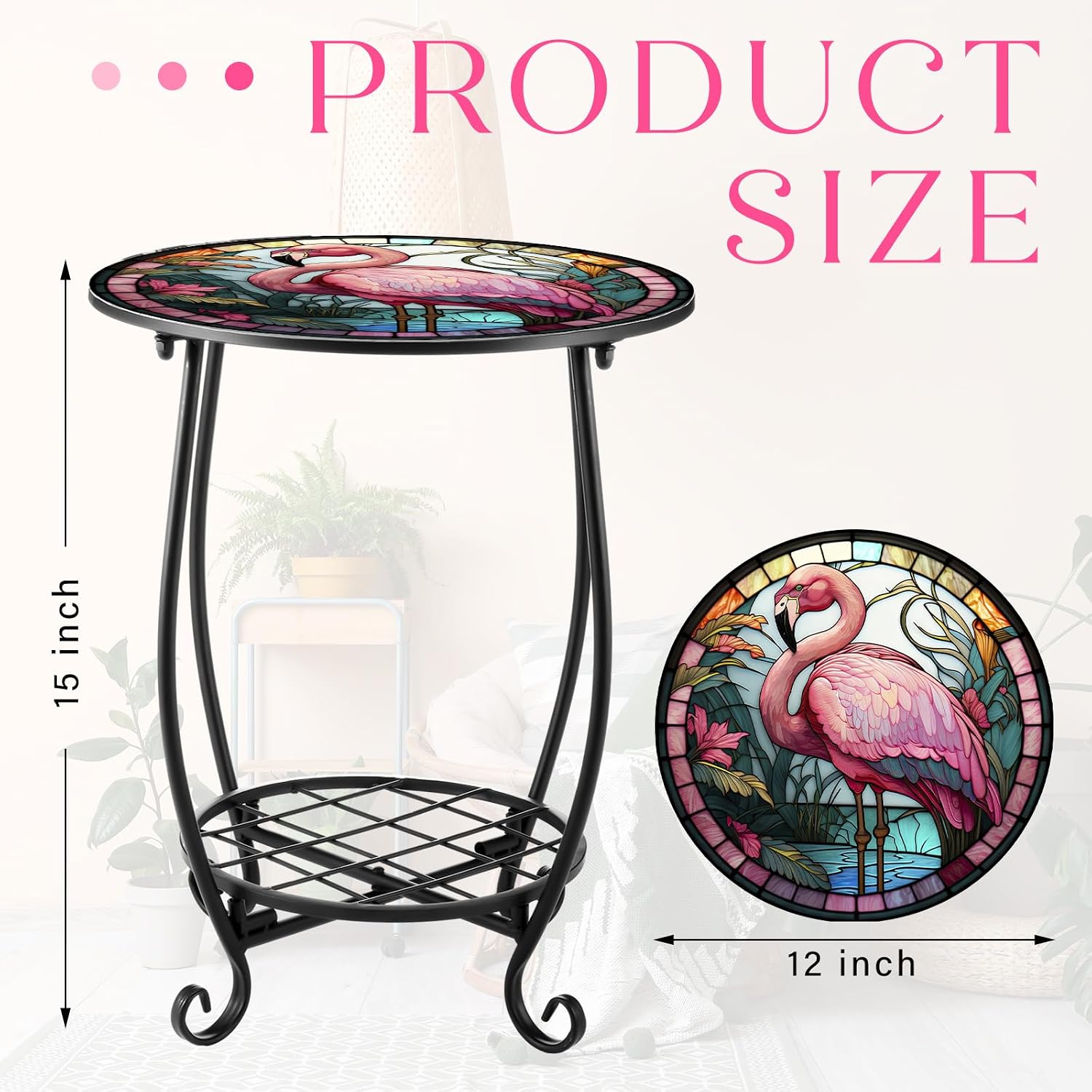 Condition photo showing New/Like New for cinnvoice outdoor side table round small mosaic patio accent indoor end plant coffee tea table for yard patio porch garden living room, bedroom(flamingo style,12 inch) 12 inch flamingo style