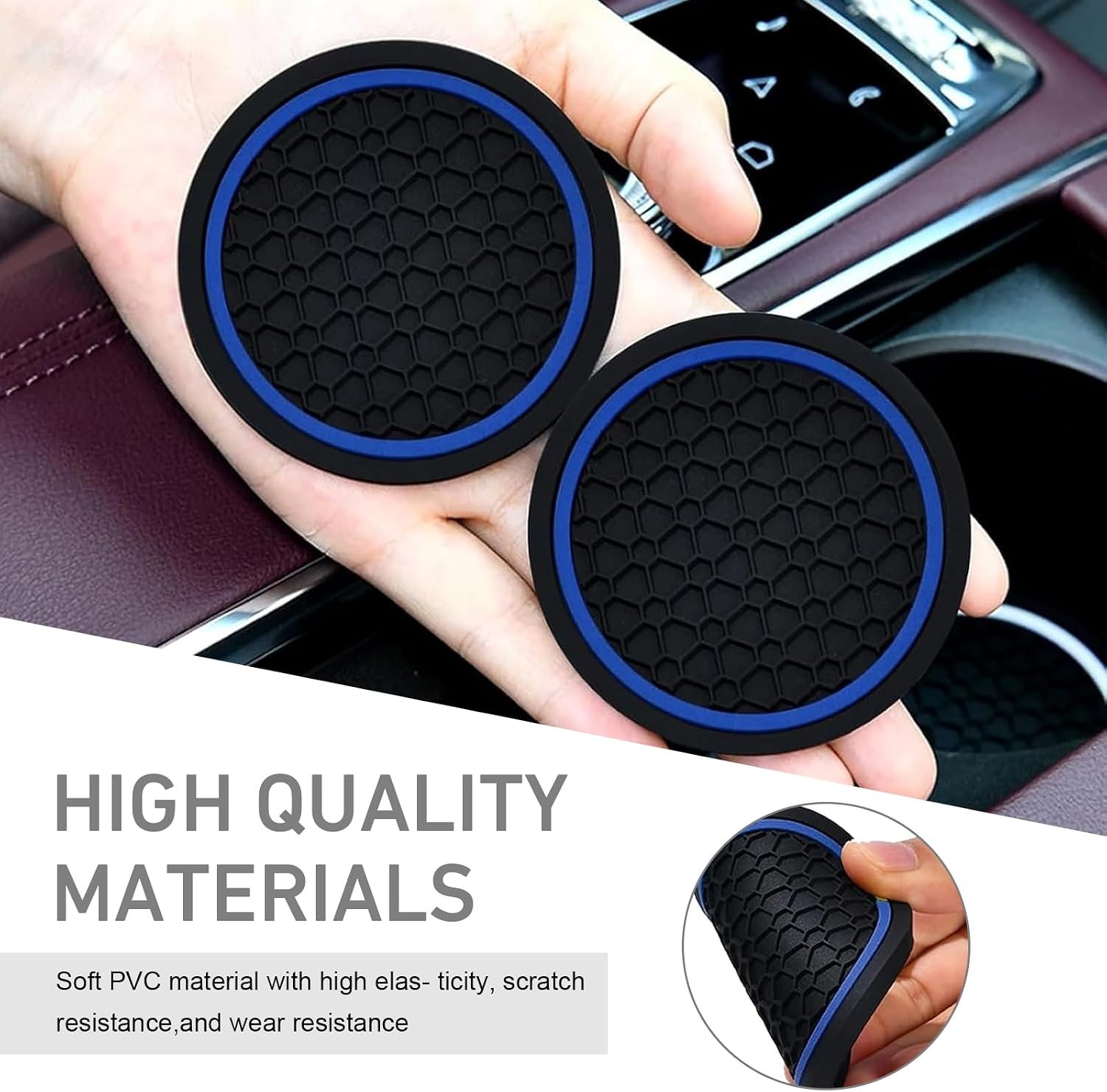 WZP 4PCS Car Cup Holder Coasters, Non-Slip Cup Holder, 2.75 Inch Embedded in Ornaments Silicone Coaster, Universal Car Interior Accessories for Most Vehicles (Black & Blue)