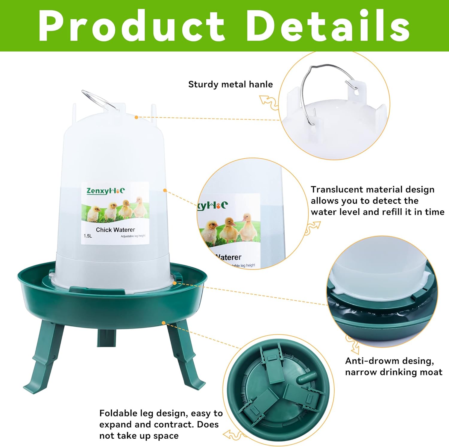 Chick Feeder and Waterer Set, 0.3 Gal Feeder and 0.4 Gal Waterer with 3 Adjustable Heights