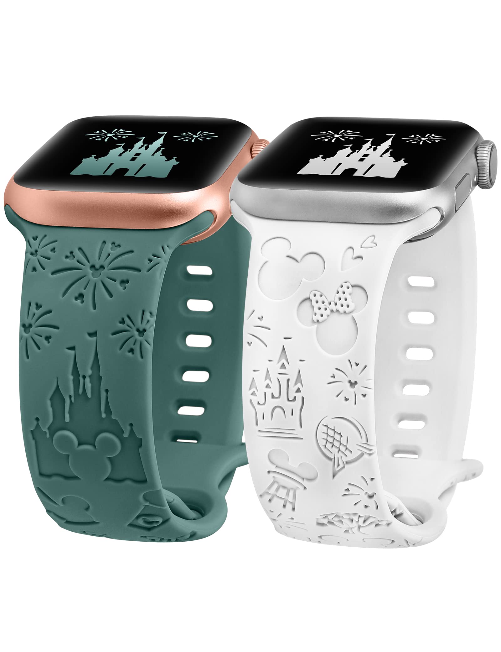 2 Packs Cartoon Engraved Band Compatible with Apple Watch Band 38/40/41/42/ 44/45/ 46/49mm Women, Cute Designer Soft Silicone Strap for iWatch Series 11 10 9 8 7 6 5 4 3 SE/Ultra 3 2 1