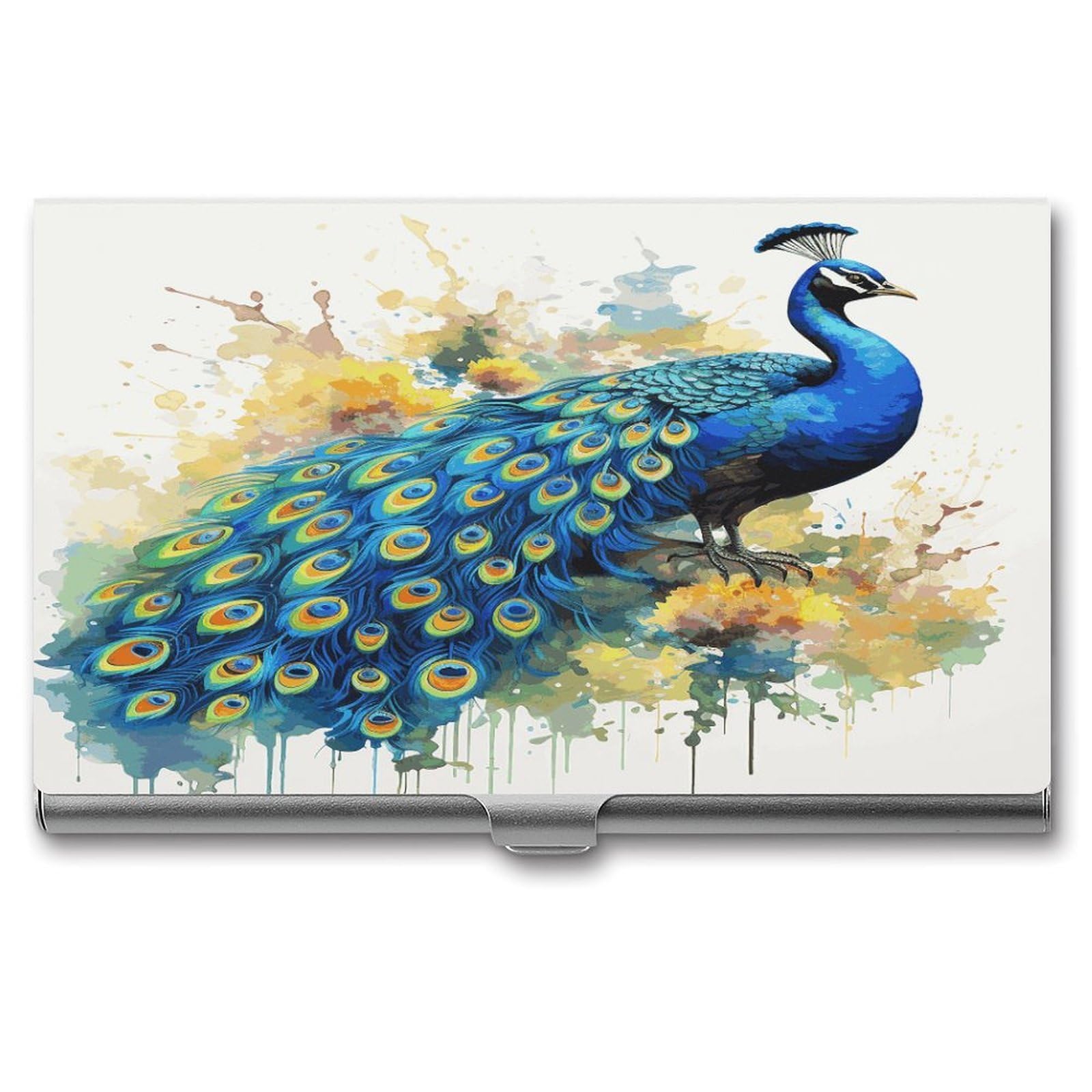 JTREHY Peacock Watercolor Painting Business Card Case Convenient to Carry Business Card Dispenser Durable Not Prone to Wear And Tear Business Card Holder for Men & Women