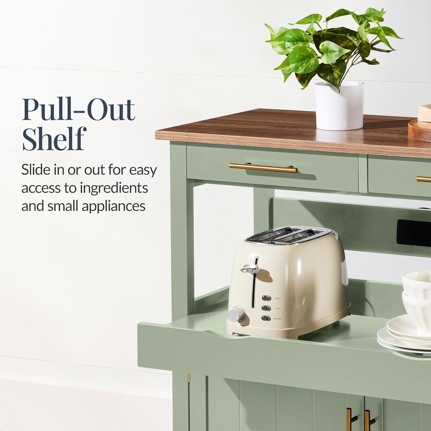 Best Choice Products 36in Large Rolling Kitchen Island Cart, 2-Door Cabinet, 2 Drawers, Pull-Out Shelf, Power Outlet, Hooks, & Swivel Lockable Wheels - Pistachio Green