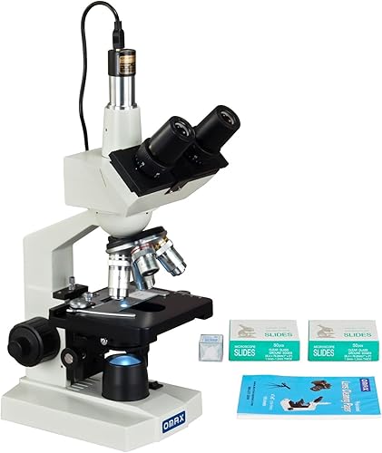 OMAX Microscopio compuesto trinocular digital LED 40-2500X cámara de 1.3MP + diapositivas en blanco + cubiertas + papel de lente