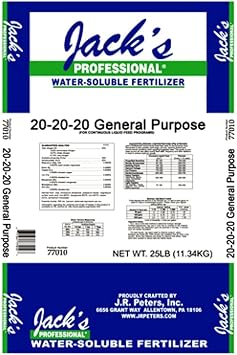 Jacks Professional 20-20-20 General Purpose Water-Soluble Fertilizer with Micronutrients for Heavy Feeding Plants in Continuous Liquid Feed Programs, 25lbs