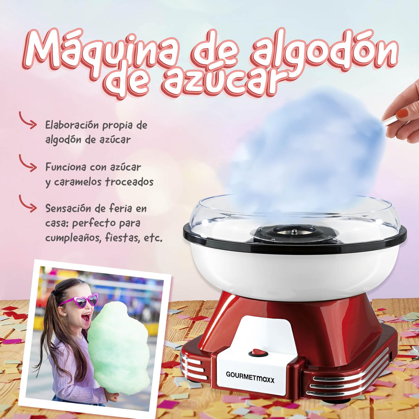 GOURMETmaxx Máquina de Algodón de Azúcar para el hogar | El Original Rojo con 10 palitos y Cuchara medidora en nostálgico diseño Retro | Mejor algodón de azúcar
