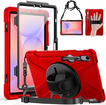 Gerutek Case for Samsung Galaxy Tab S10 Lite/S10 FE/S9 FE/Tab S9/S8 /S7 5G 10.9"/11", Full-Body Drop Protective Case with Screen Protector, Pencil Holder, 360 Rotating Handle Stand Strap, Red