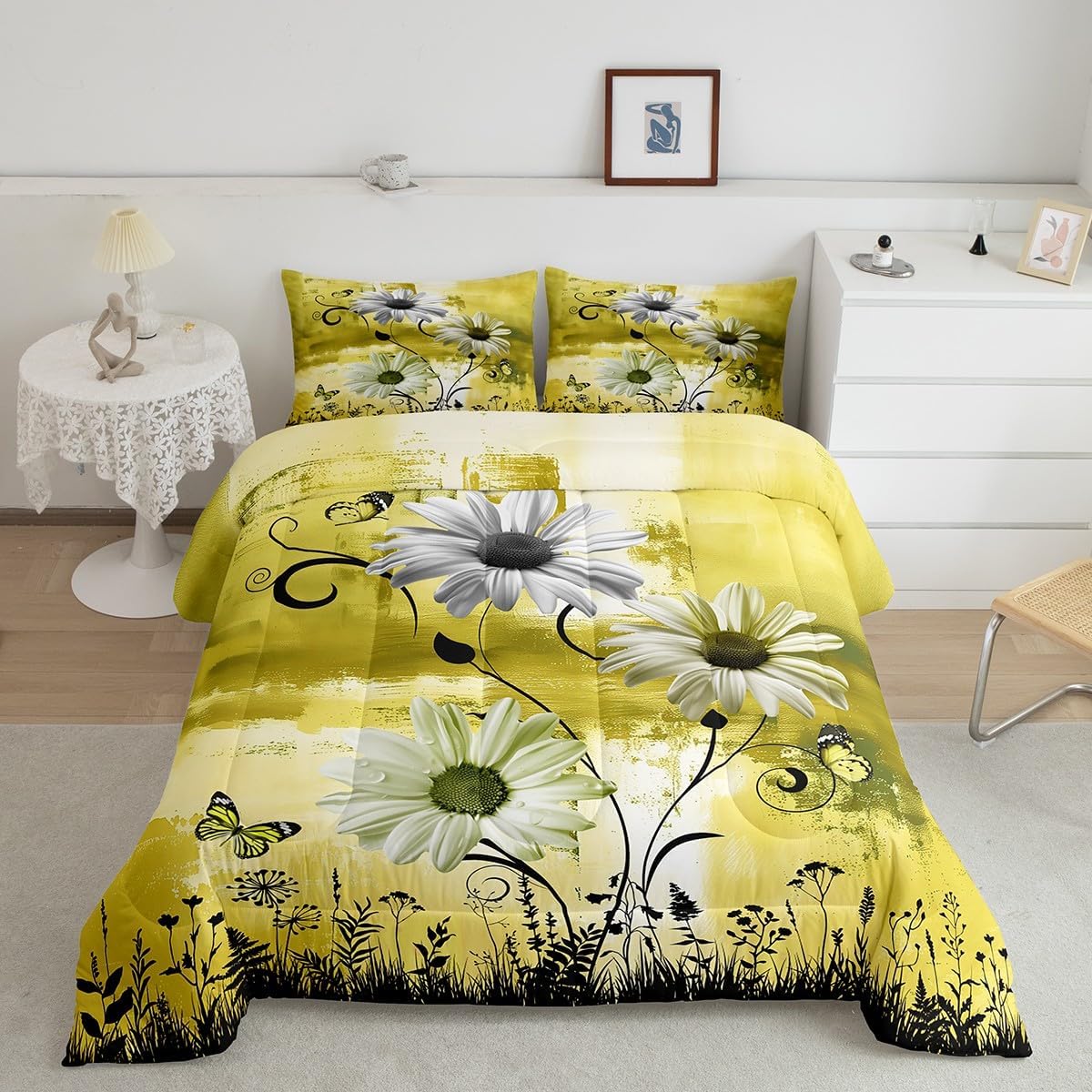 Castle Fairy Rustic Floral Full Size Comforter Set,Farm Daisy Flowers Butterfly Country Bedding Comforters Bedroom Collection,Yellow Abstract Art Graffiti Bedding Set for Girls Teens