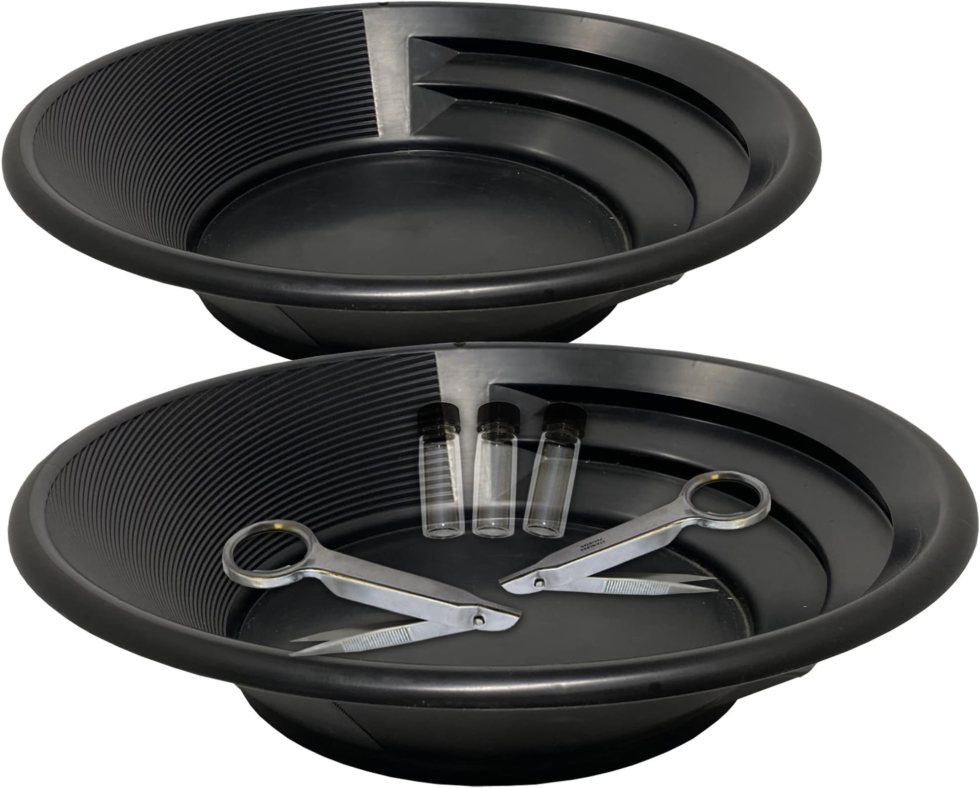 Sluice Fox Two Gold panning Kits; Black Pans with Trap and Dual riffles, Stainless Steel Magnifying Tweezers, and Three Glass Storage vials