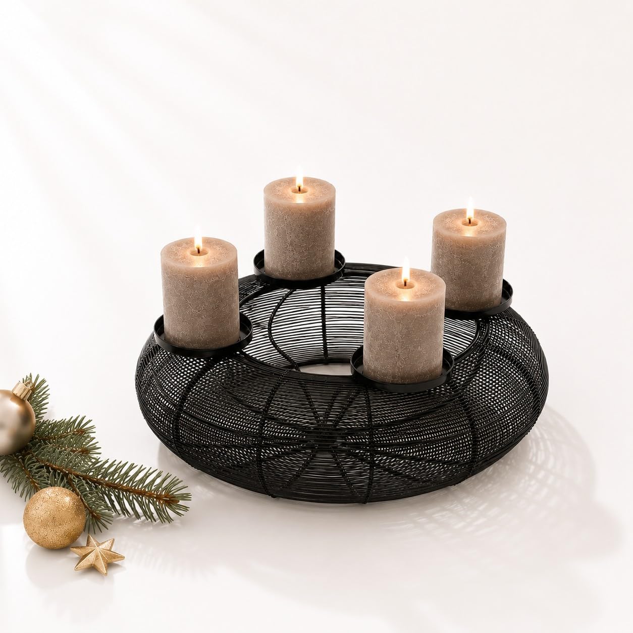 Edler Advents-Kranz Weihnachts-Gesteck aus Metall Ø 38cm schwarz Deko-Kranz Kerzenhalter Weihnacht Stumpen-Kerzenhalter Weihnachten Advent Winter Weihnachts-Deko Wohungs-Dekoration