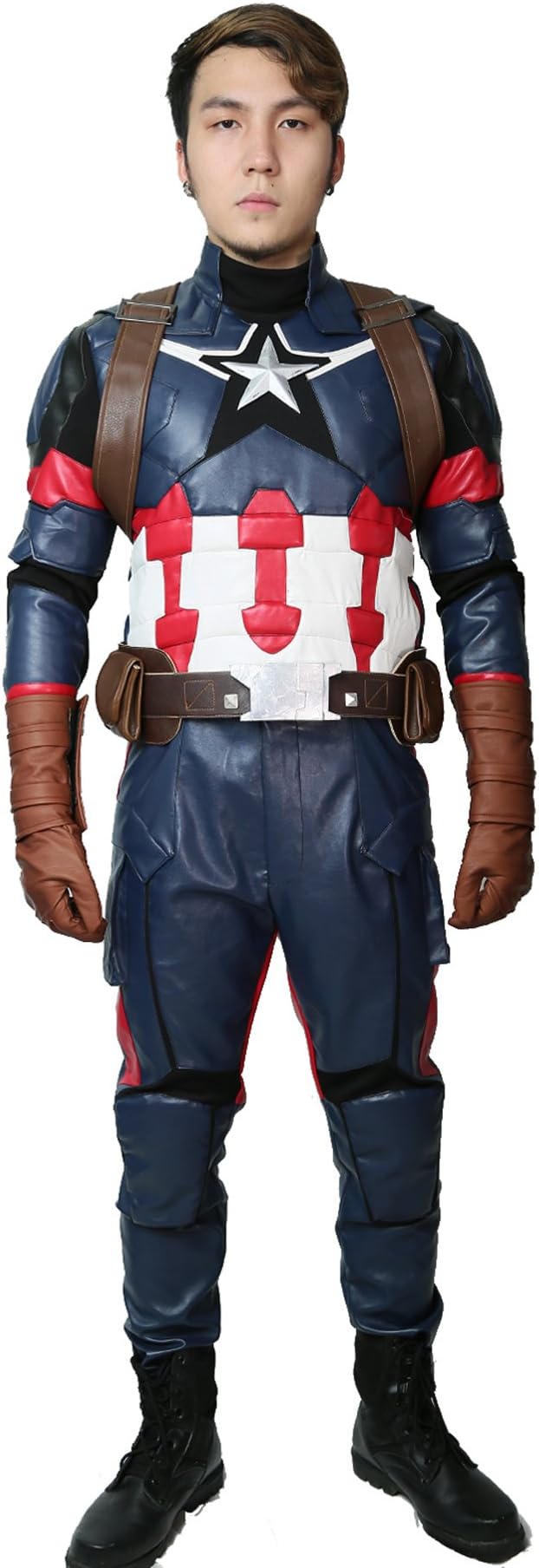 Captain Steven Costume Cosplay CW3 Adult Men Superhero PU Leather Top & Pants & Harness Belt Gloves Outfit Halloween Fancy Dress Clothing Suit Blue (M)