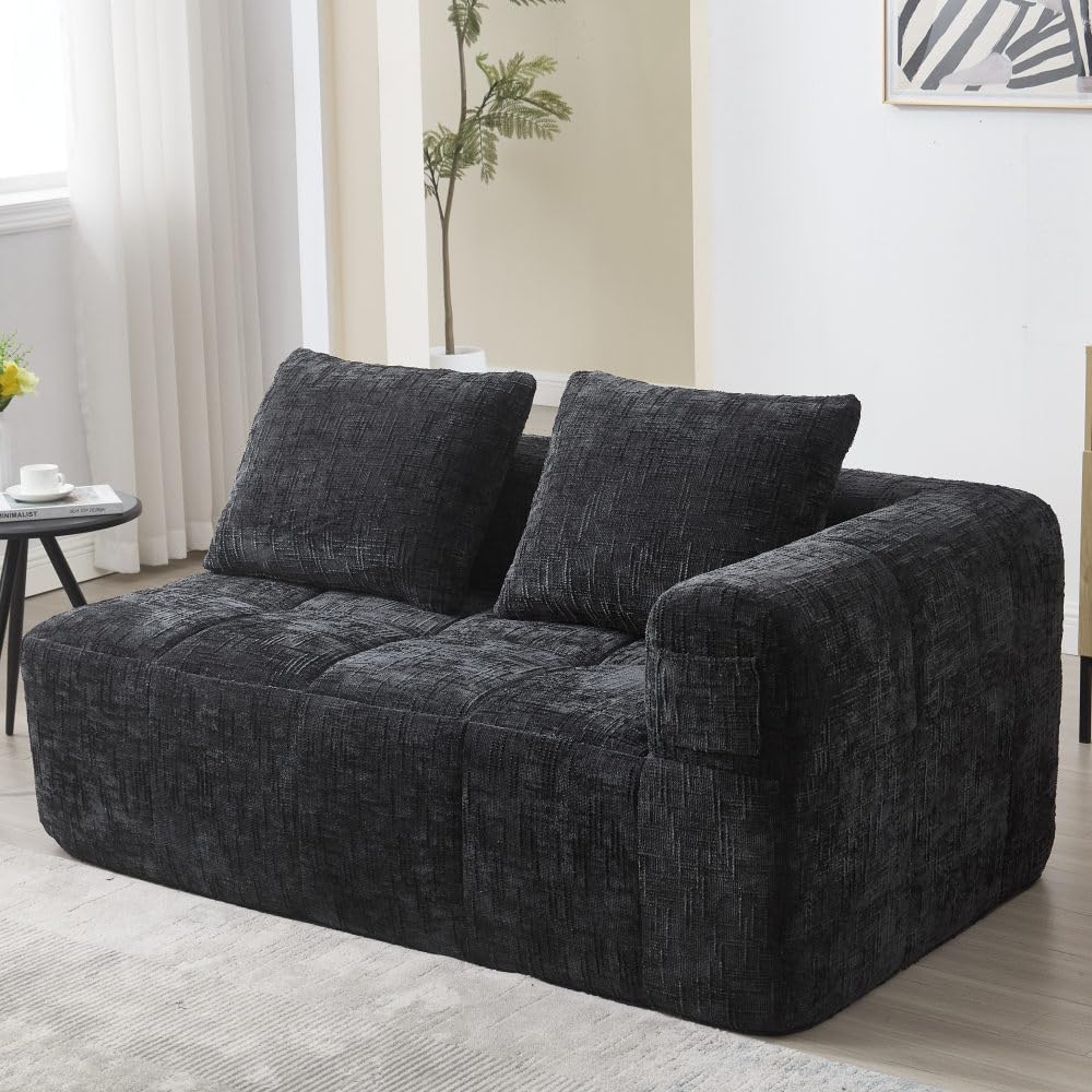 Sapgaks Canapé convertible de 1 à 3 places, canapé modulaire, canapé d'angle modulaire, avec poches latérales, en chenille, avec méridienne et accoudoirs, coussin d'assise inclus (noir + chenille + 2