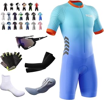 Triathlon Suits Mens - Mens Cycling Skinsuit - Aerodynamic Sleeved Mens Tri Suit - Men Triathlon with Chamois, Pockets