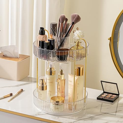 LAECHATAR Organizador de maquillaje giratorio para tocador de 2 niveles, organizador de gran capacidad para el cuidado de la piel y almacenamiento,