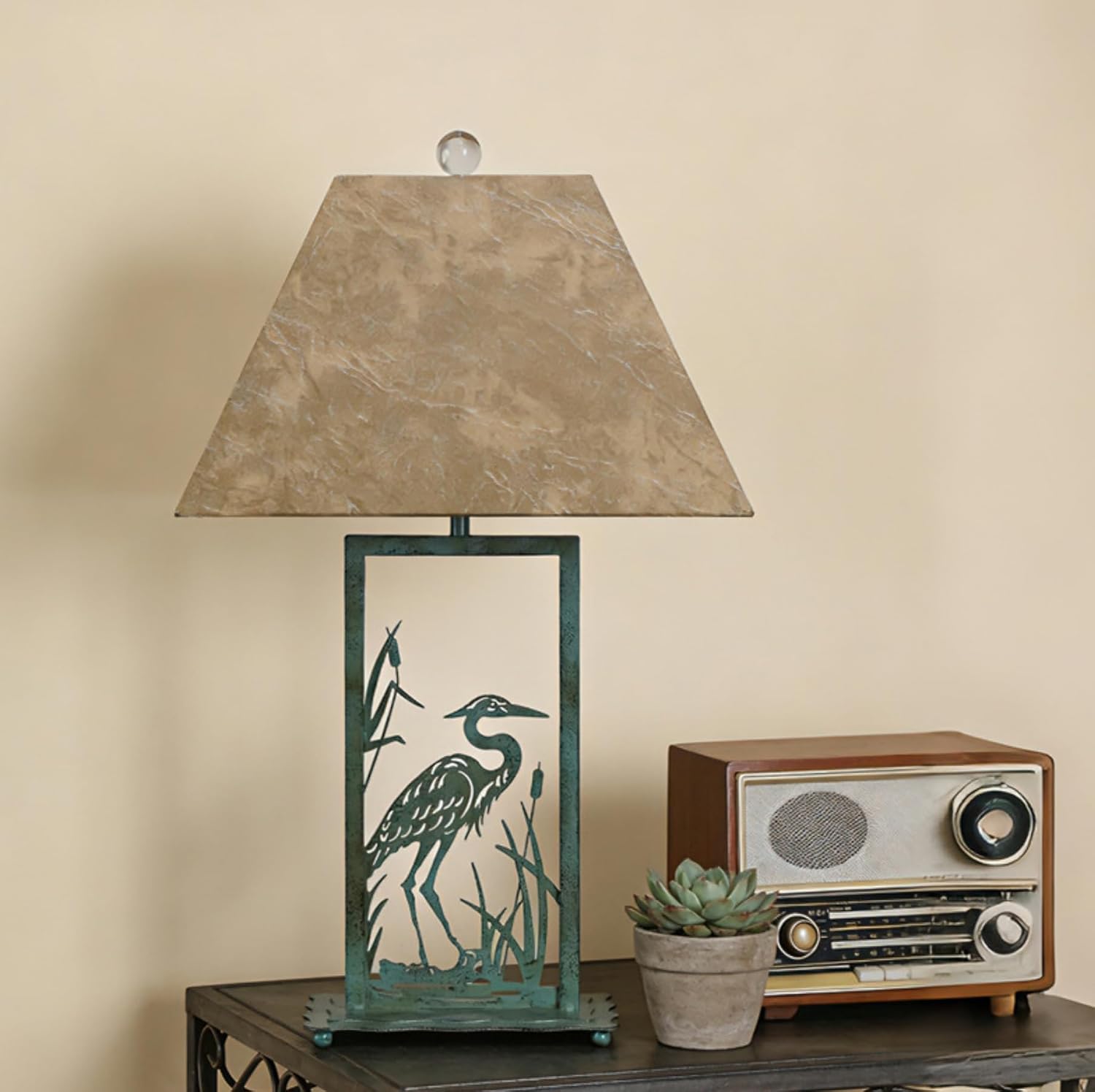 Rustic End Table Lamp Animal Theme Green Heron Decorative Lamp Country Western Desk Lamp Faux Fabric Nightstand Lamps for Log Cabin Cottage Living Room Bedroom