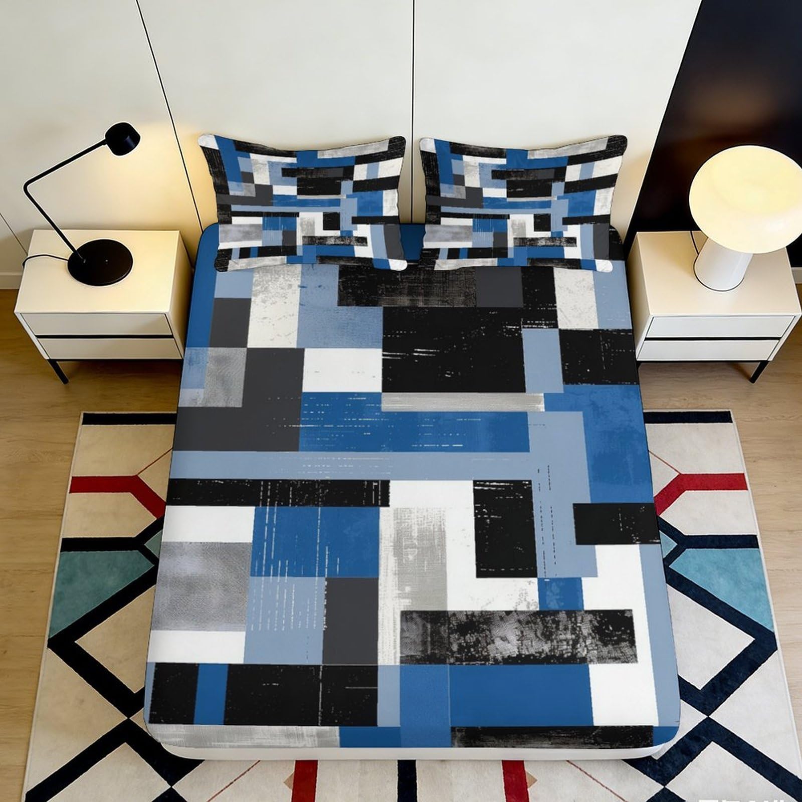 Jqzkxnhpbr Style-5 3D Printed Geometric Patchwork Fitted Sheet Microfiber Soft Blue Black Stripe Mattress Cover For Bedroom Decor 90X200x25cm
