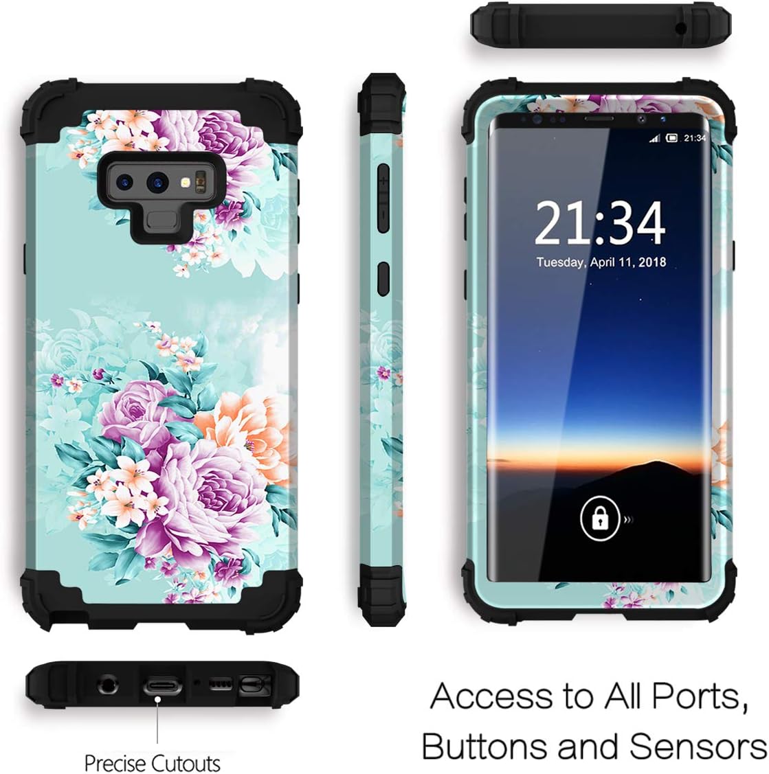 PIXIU Galaxy Note 9 case, Unique Pattern Heavy Duty Shockproof 3 in 1 hybird Rubber stury Full Body Protective case Cover Samsung Galaxy Note 9 2018 Released Peonies Peony