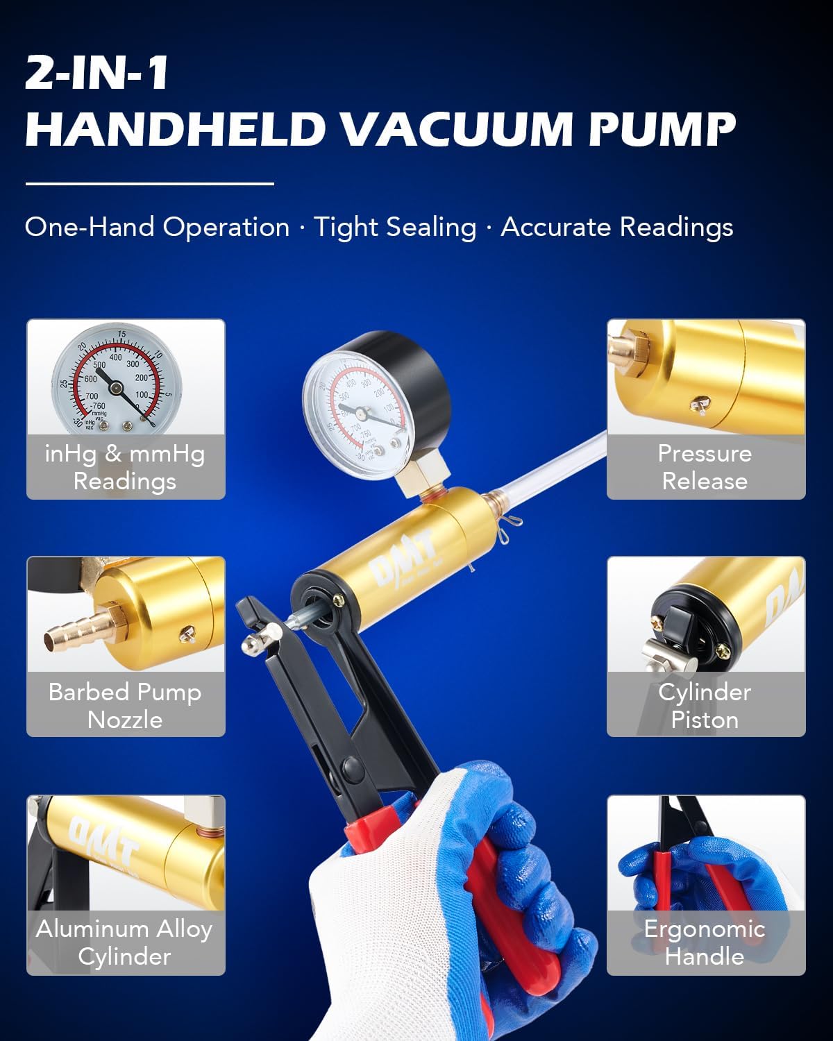 Fèmen view of the handheld vacuum pump showing its pressure gauge, pressure release, barbed nozzle, cylinder piston, aluminum alloy cylinder, and ergonomic handle.