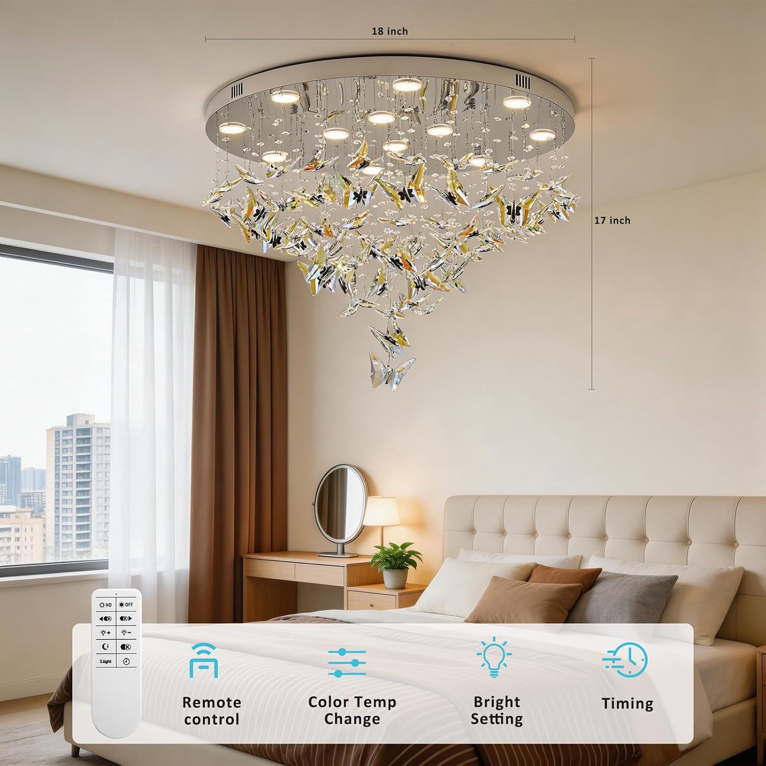 30 inch Modern LED Crystal Ceiling Light, Flush Mount Crystal Chandelier with Remote and APP Control, 3CCT Dimmable, Elegant Butterfly Ceiling Chandeliers for Dining Room Bedroom Living Room Foyer