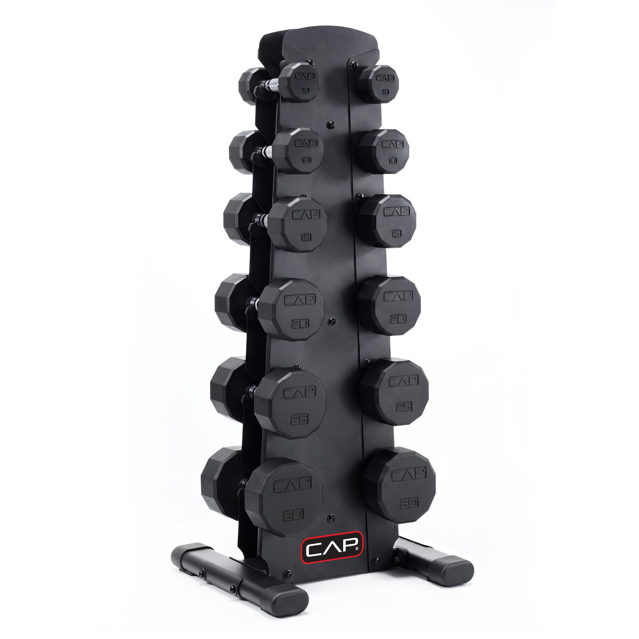 CAP 210 lb Rubber Coated 12-Sided Dumbbell Set with Vertical Rack, Space-Saving Storage for Home Gym Strength Training, Chrome Handle, Black Rack