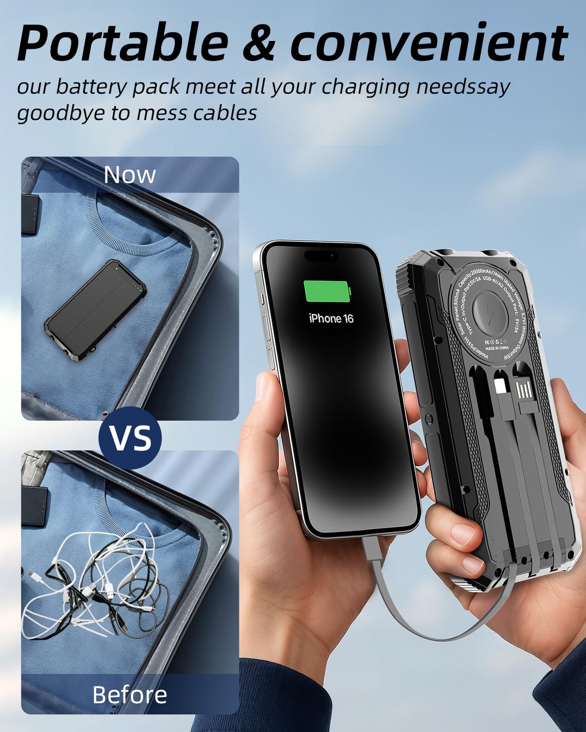 Nuynix Solar Power Bank 20000mAh, Wireless Fast Charger with 3 Built-in Cables, USB-C Output Portable Battery Pack, Dual Flashlights Power Bank for iPhone 17 16 15 14, Samsung Galaxy, Camping