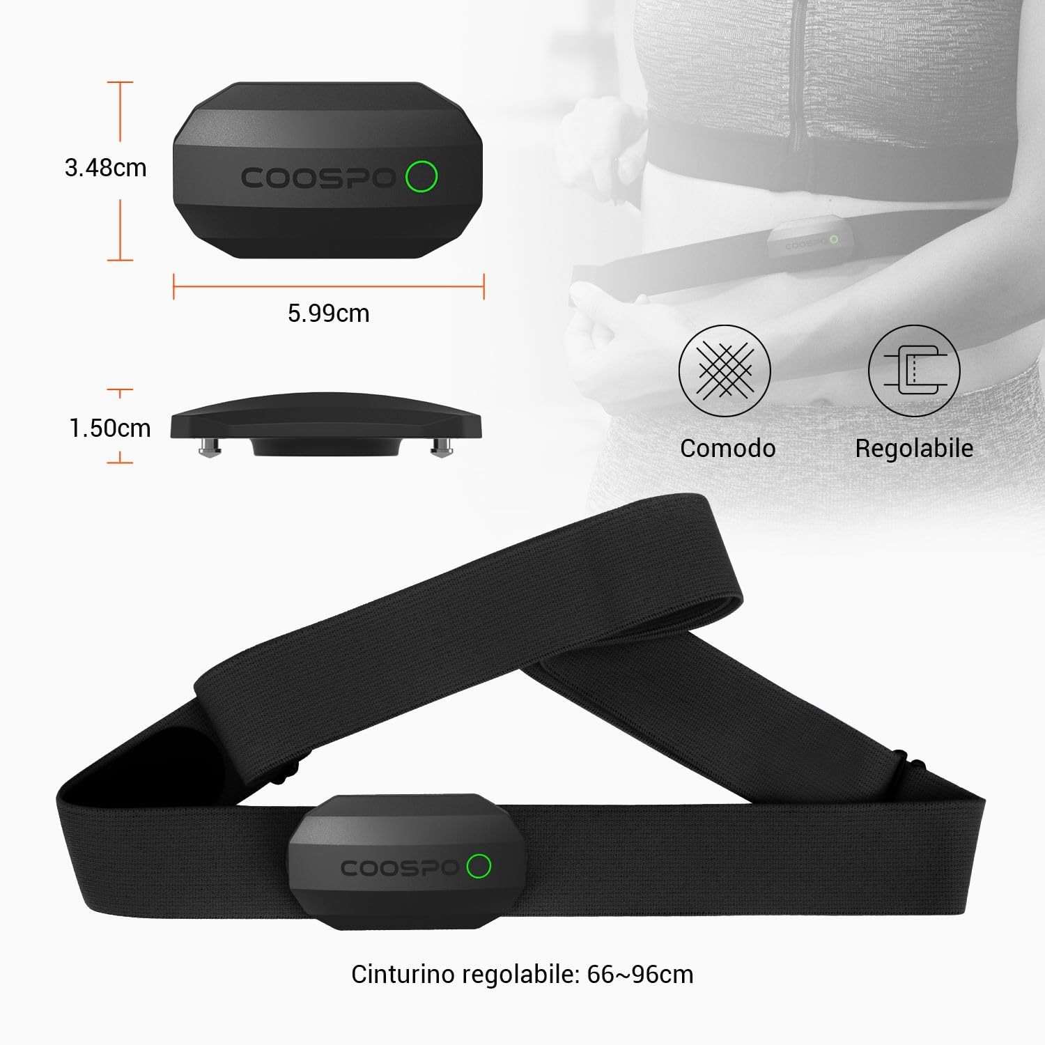 COOSPO H808S Fascia Cardio Cardiofrequenzimetro Fascia Toracica Bluetooth/ANT+, Sensore di Frequenza Cardiaca Impermeabile IP67 Compatibile con CoospoRide/wahoo fitness/strava/Pulsoid