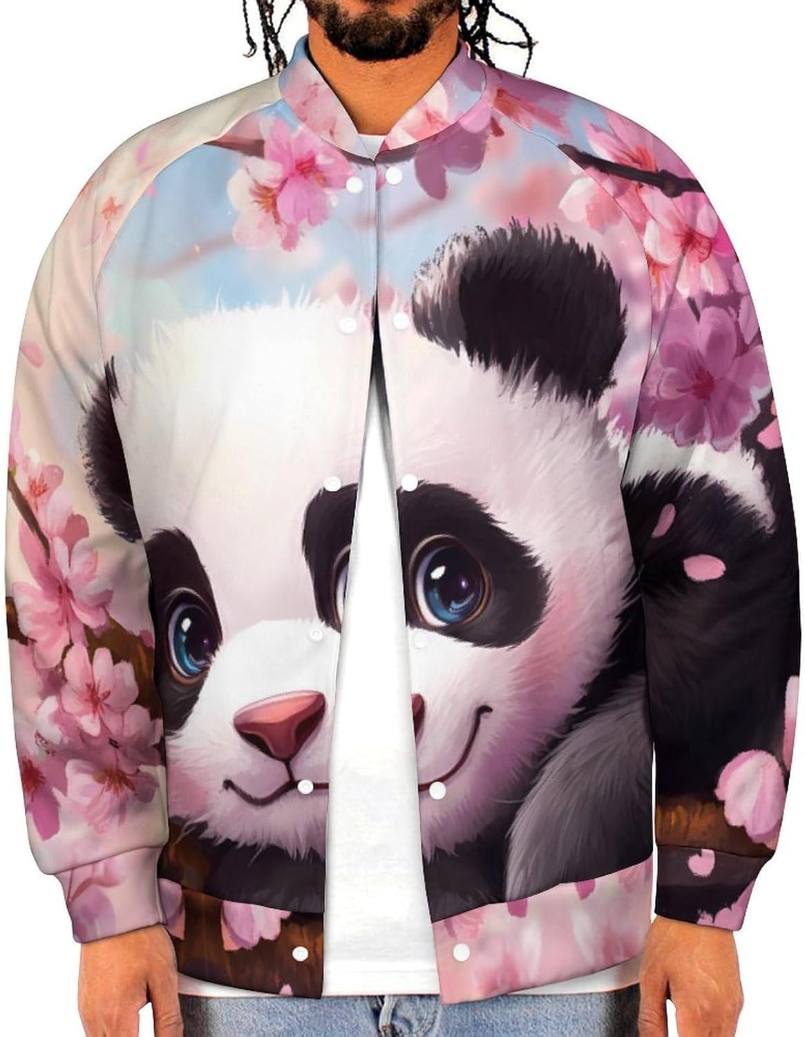 Panda Cherryflowers Baseball Jacket Casual Sportswear Bomber Jacket Coat for Men Women
