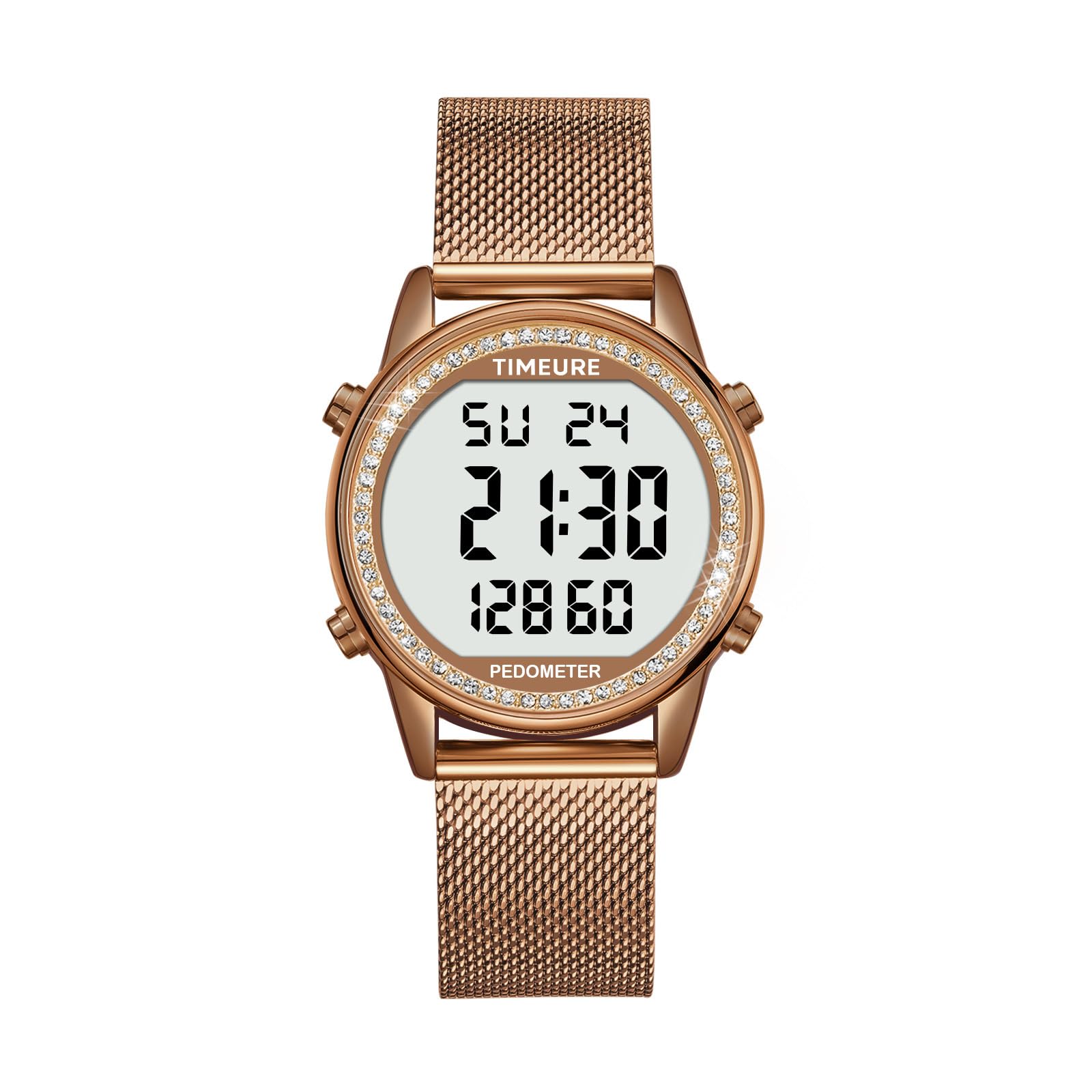 TIMEURE Reloj podómetro para mujer, con contador de pasos, piedra de cristal, sin aplicación, no necesita carga para pasos, calorías, seguimiento de distancia, alarma, temporizador de cuenta