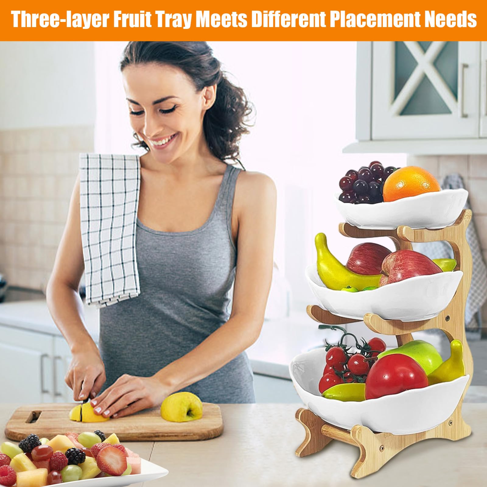 Xnqelerate 2-stöckiger Obstkorb Aus Keramik & Bambus - Abnehmbare Etagere Für Küche & Wohnzimmer