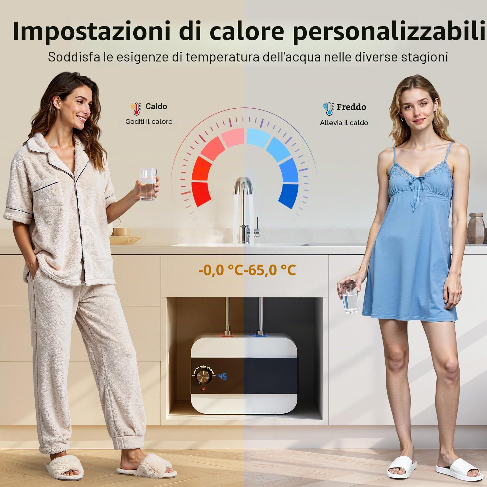 Scaldabagno istantaneo elettrico 1500 W, mini scaldabagno 6L con tubo, regolazione della temperatura 0-65 °C, LED chiaro, economico e compatto, per lavabo cucina bagno